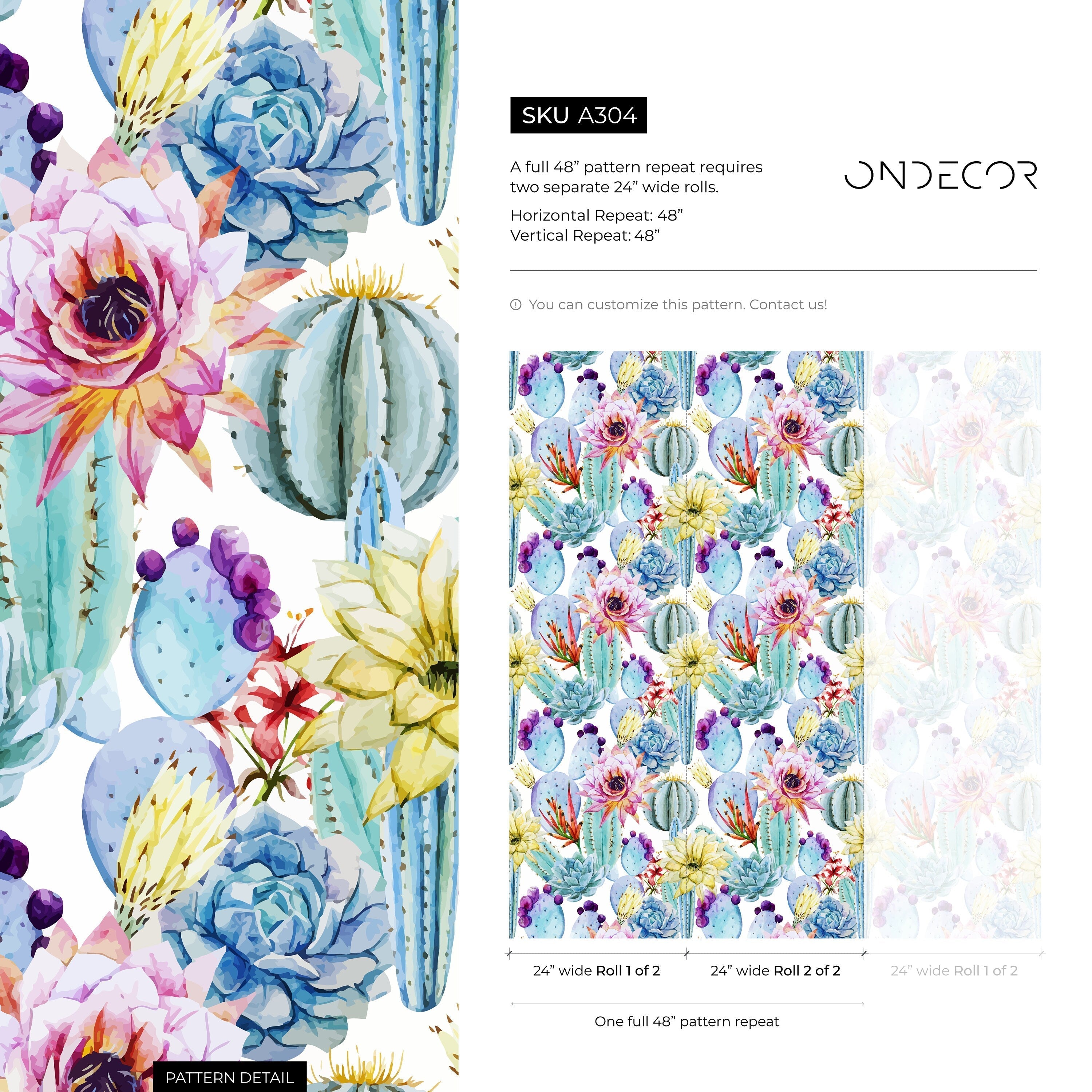 Cactus Wallpaper With A Watercolor Floral Motif In Blue, Pink, And Yellow - A304