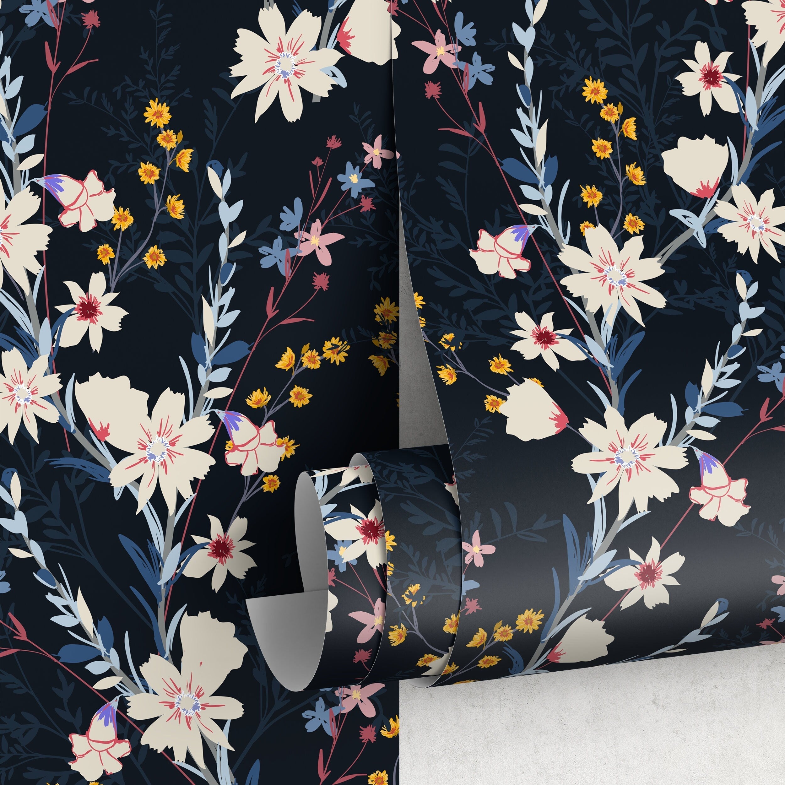 Floral Wallpaper With Delicate Wildflowers In Blue, Cream, And Yellow - D965