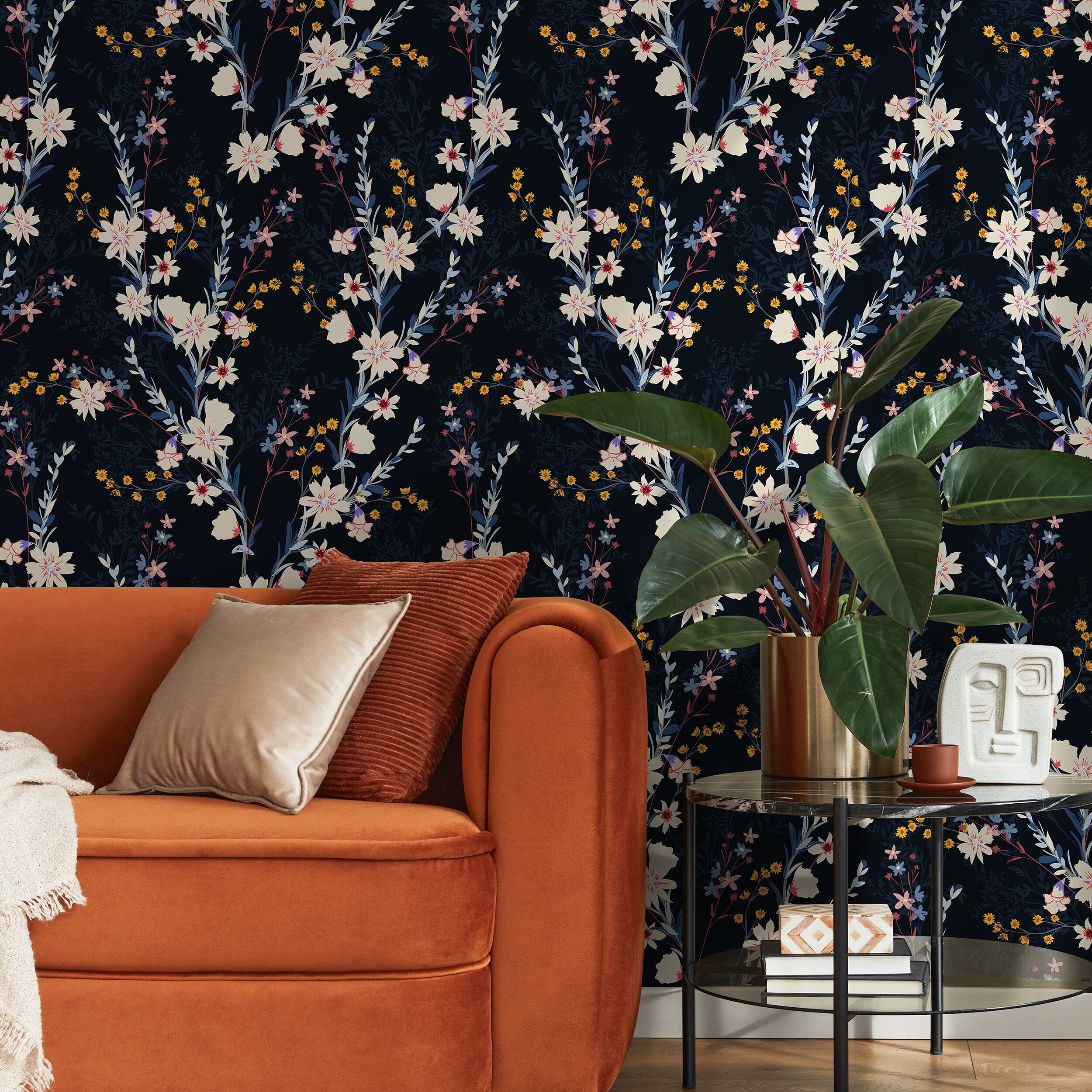 Floral Wallpaper With Delicate Wildflowers In Blue, Cream, And Yellow - D965