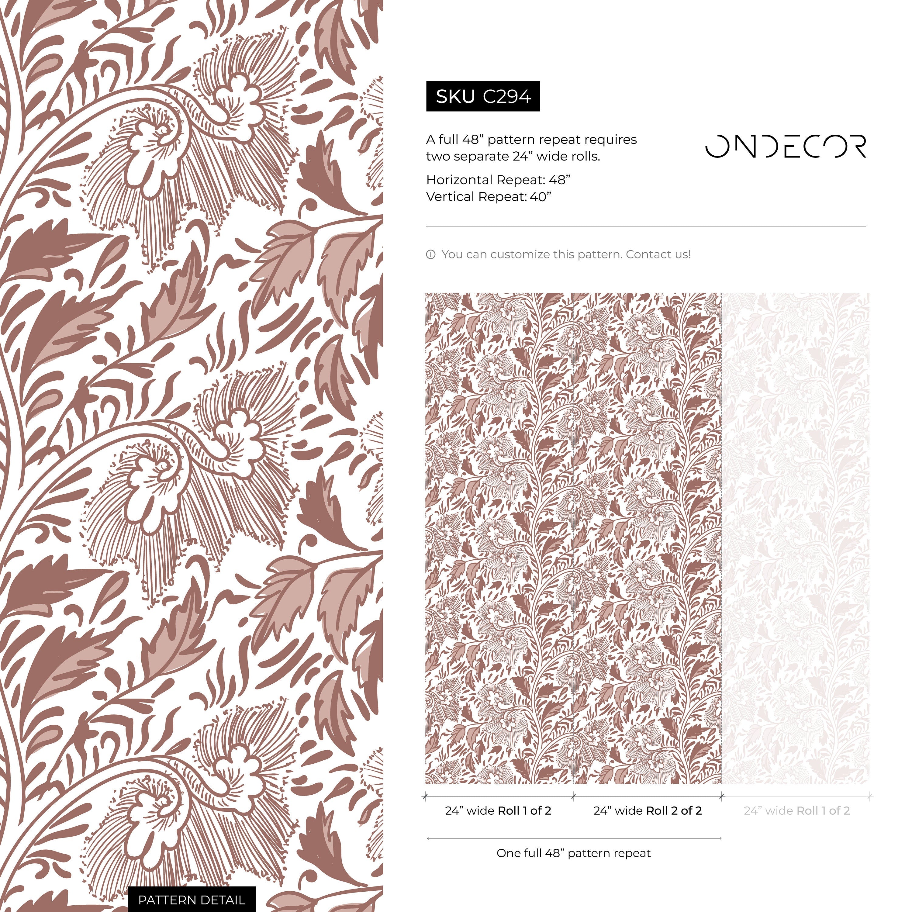 Vintage Floral Wallpaper With A Stylized Vine Motif In Terracotta And Dusty Rose - C294