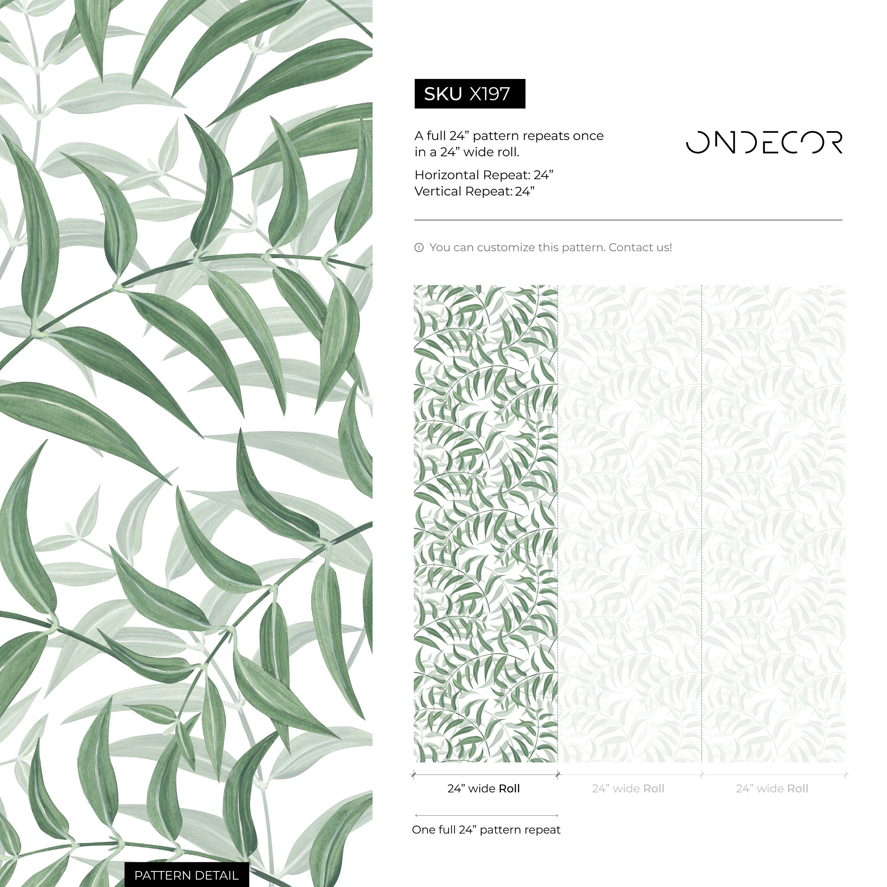 Botanical Wallpaper With A Graceful Willow Leaf Motif In Green - X197