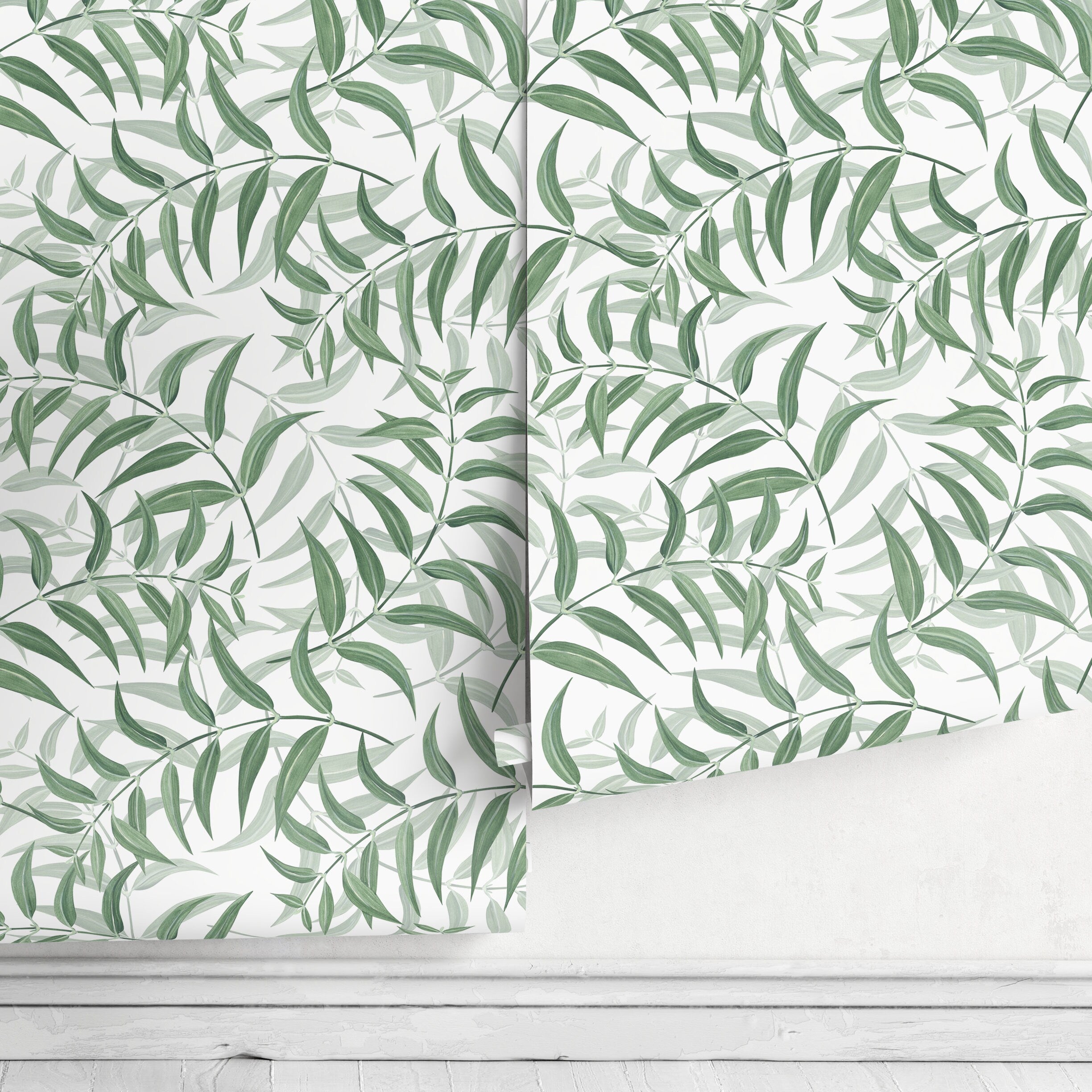 Botanical Wallpaper With A Graceful Willow Leaf Motif In Green - X197