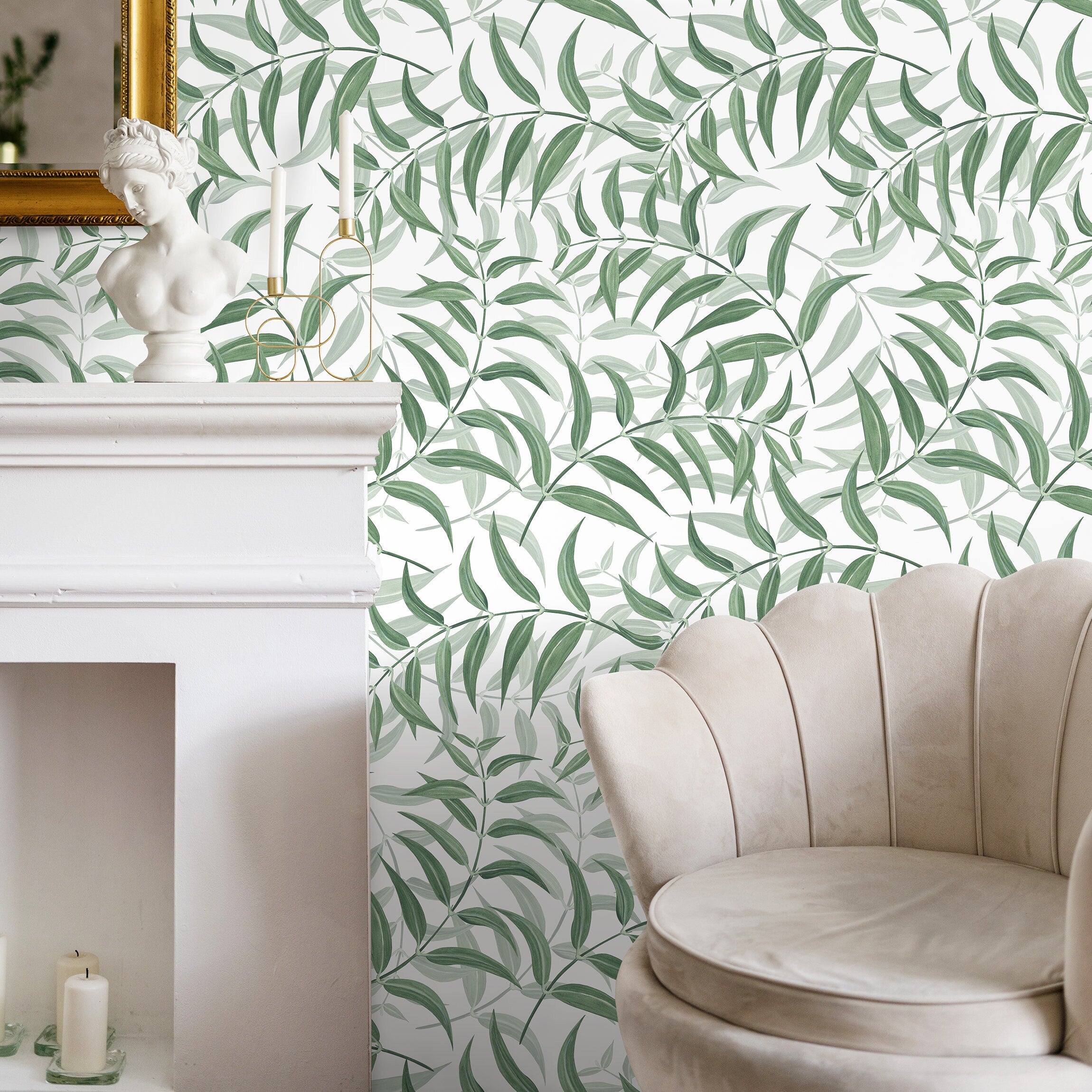 Botanical Wallpaper With A Graceful Willow Leaf Motif In Green - X197