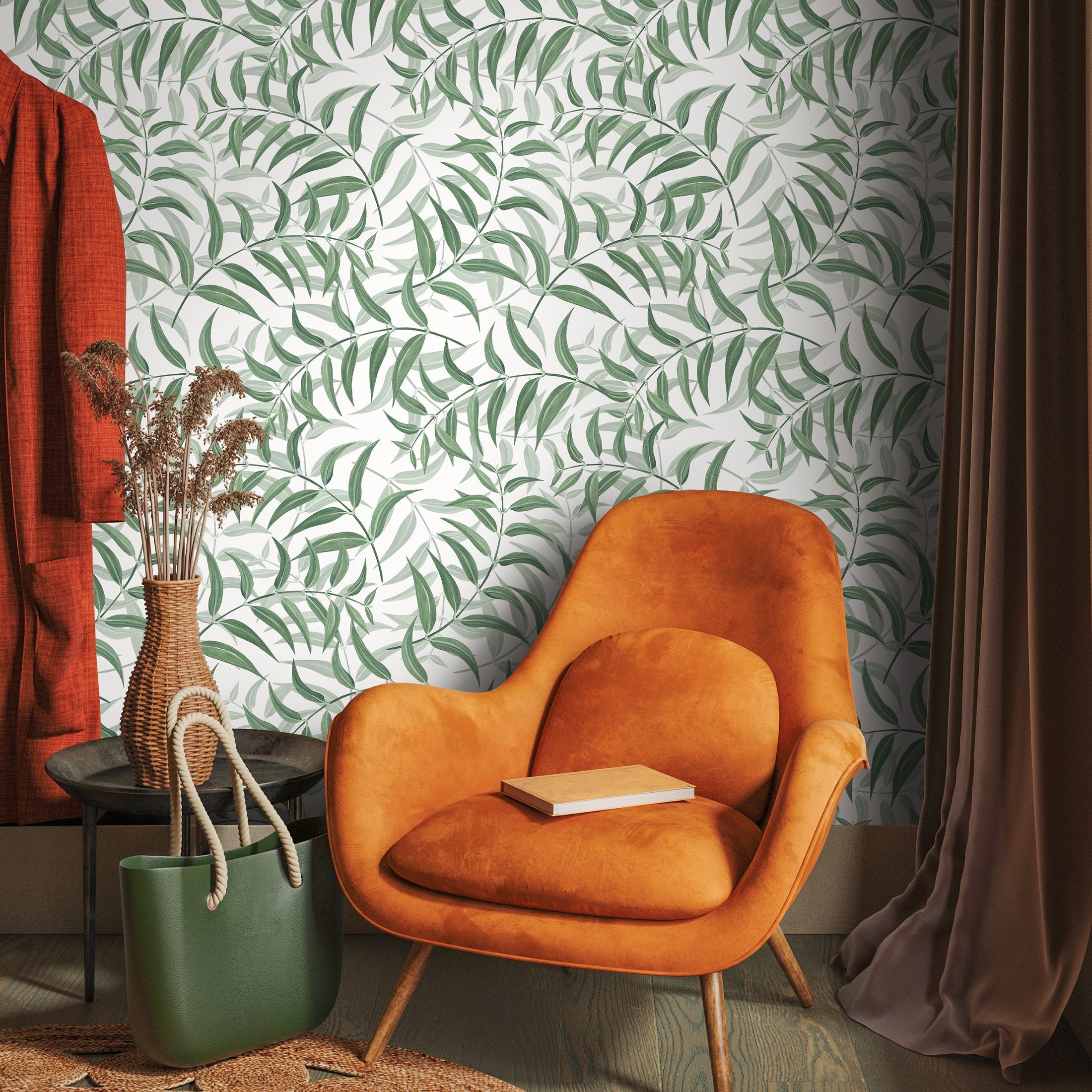 Botanical Wallpaper With A Graceful Willow Leaf Motif In Green - X197