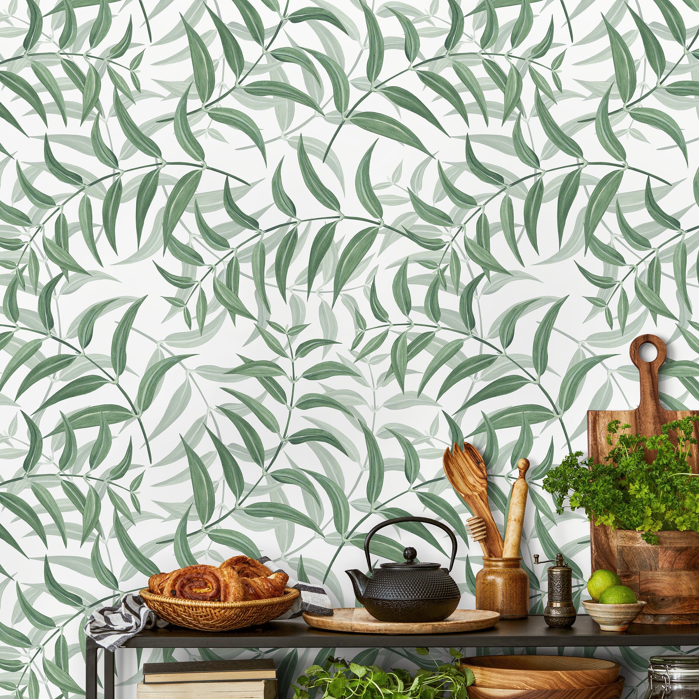 Botanical Wallpaper With A Graceful Willow Leaf Motif In Green - X197