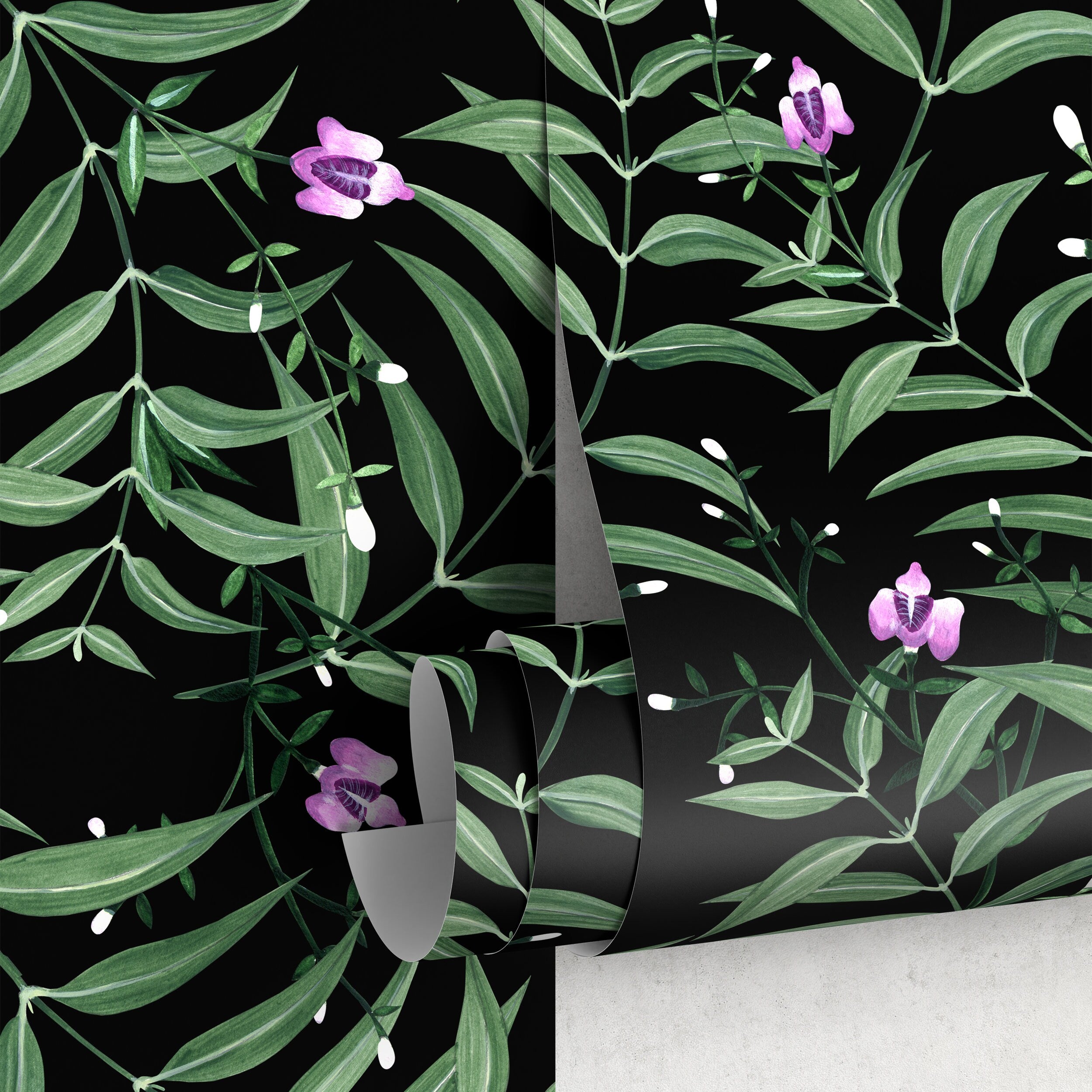 Botanical Wallpaper With Delicate Floral Vines In Green, Purple, And Black - X037