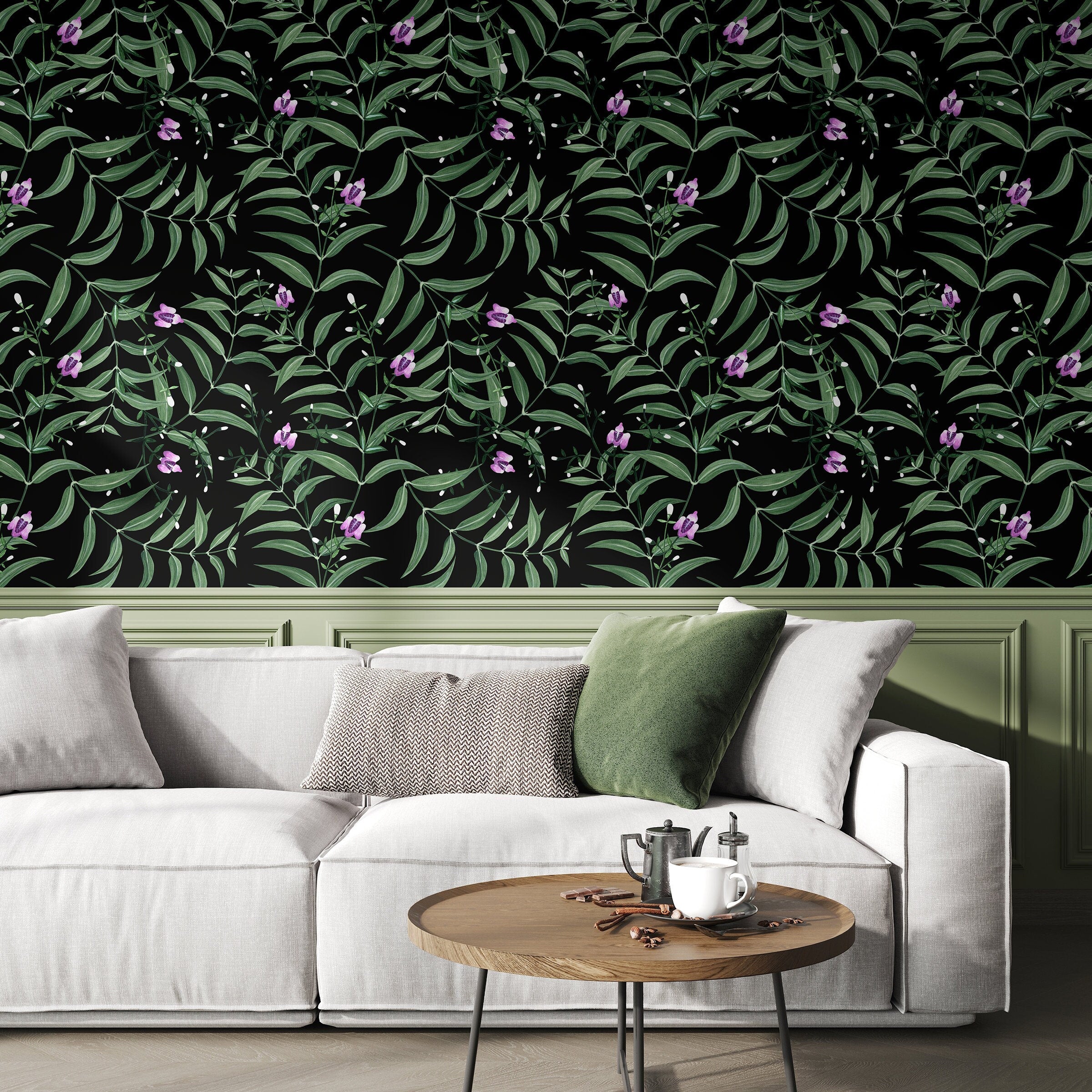 Botanical Wallpaper With Delicate Floral Vines In Green, Purple, And Black - X037
