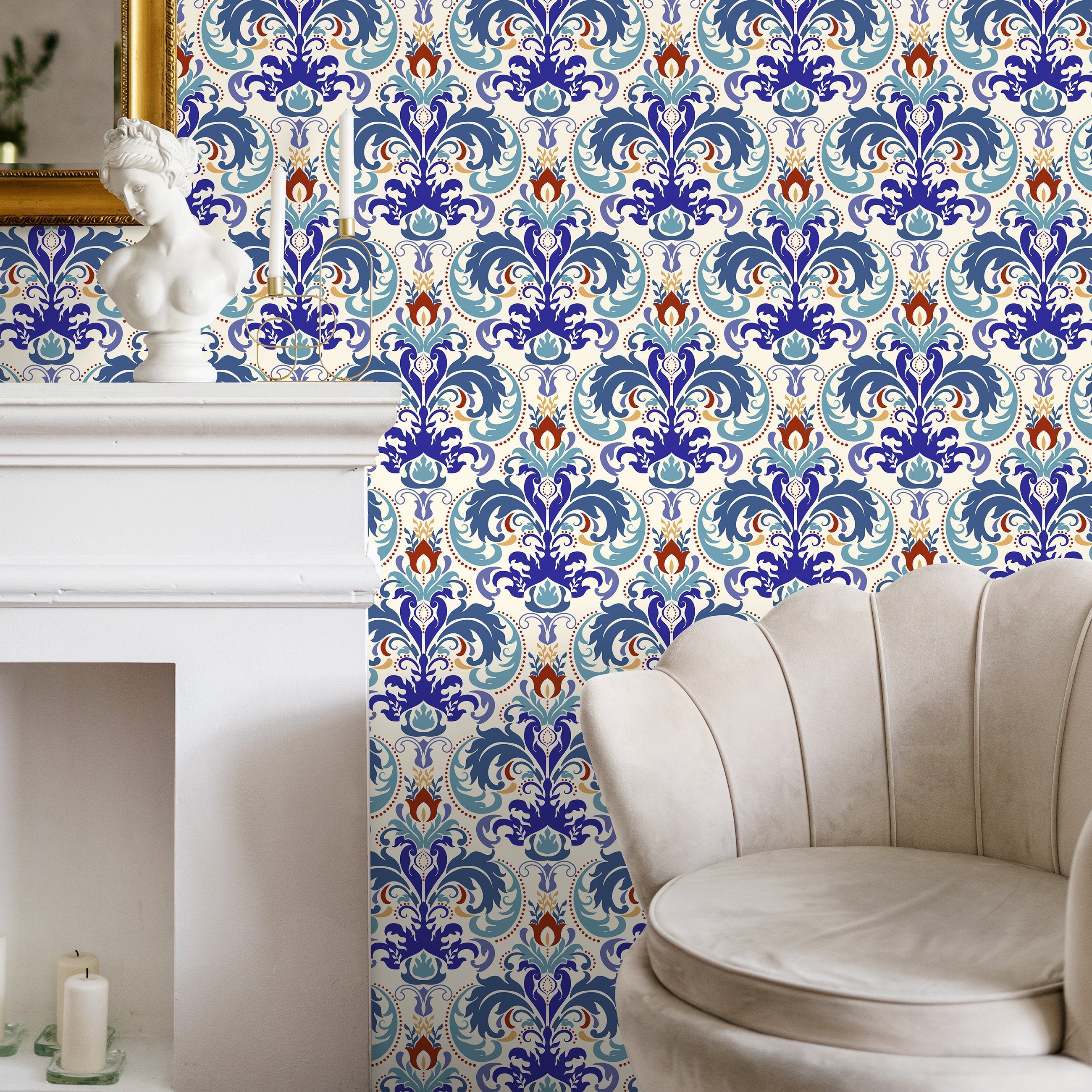 Damask Wallpaper With An Ornate Floral Motif In Blue, Red, And Gold - A119