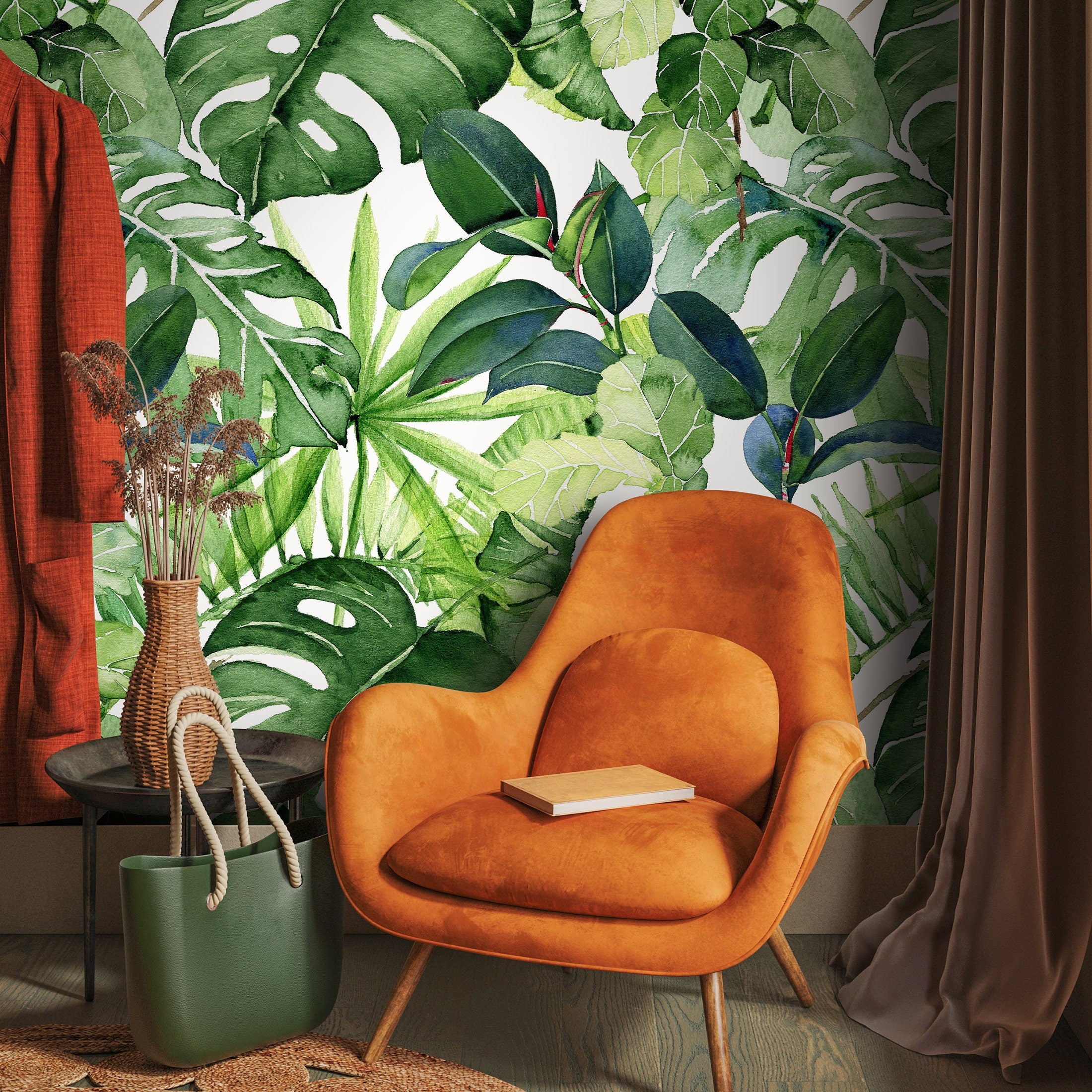 Tropical Wallpaper With A Lush Watercolor Leaf Motif In Green - A744