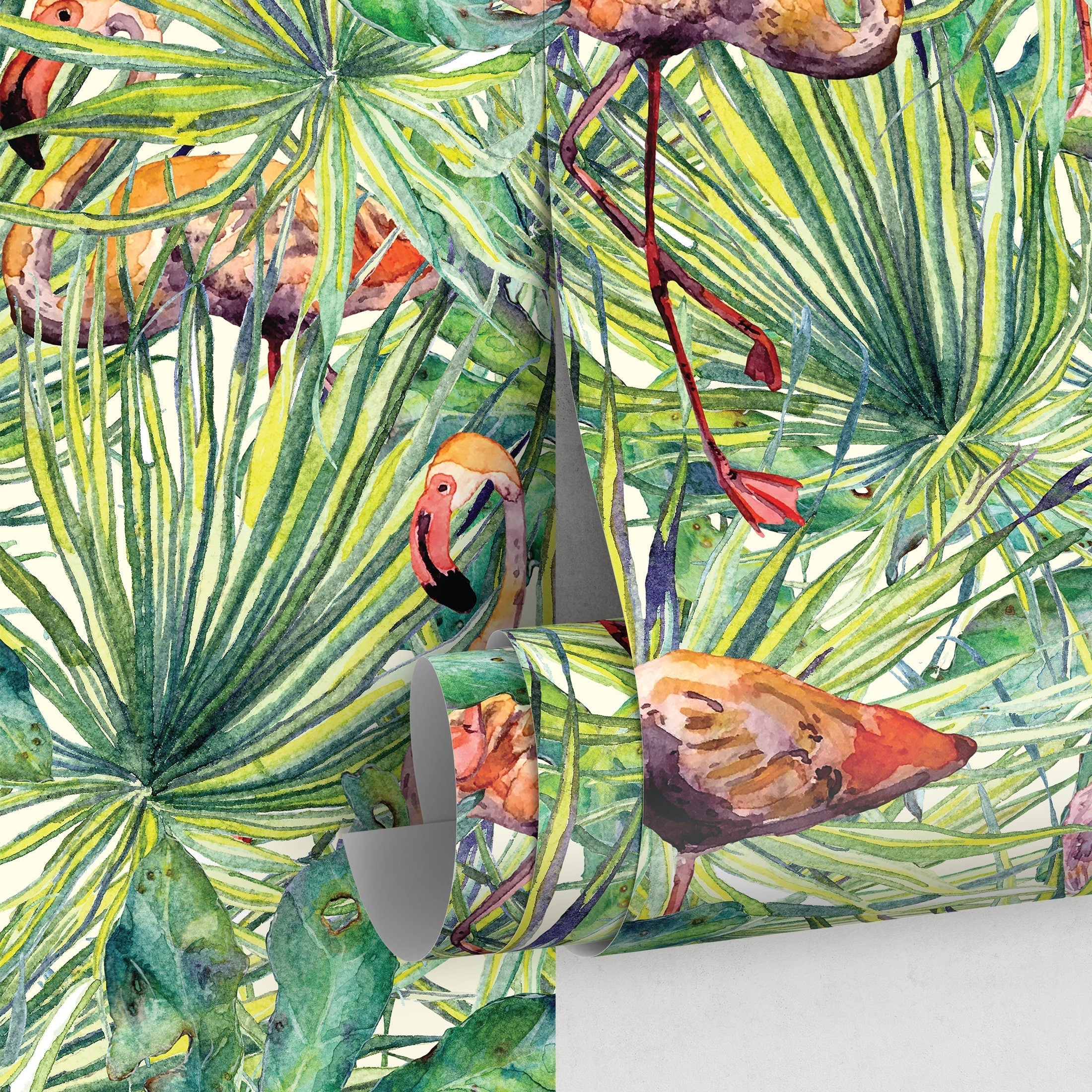 Tropical Wallpaper With Watercolor Flamingos In Green And Pink - A747