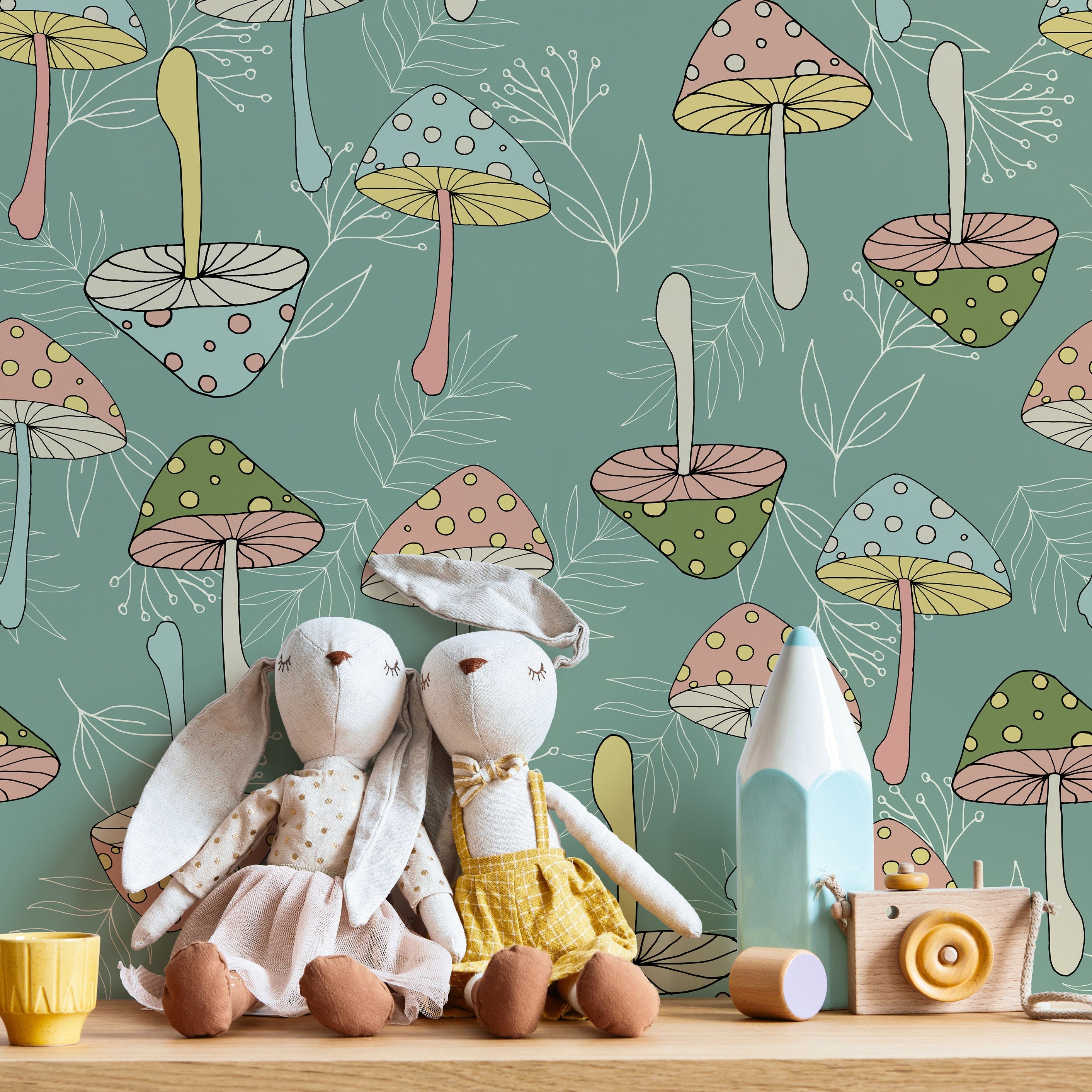 Groovy Wallpaper With A Retro Mushroom Motif In Green, Pink, And Blue - D891