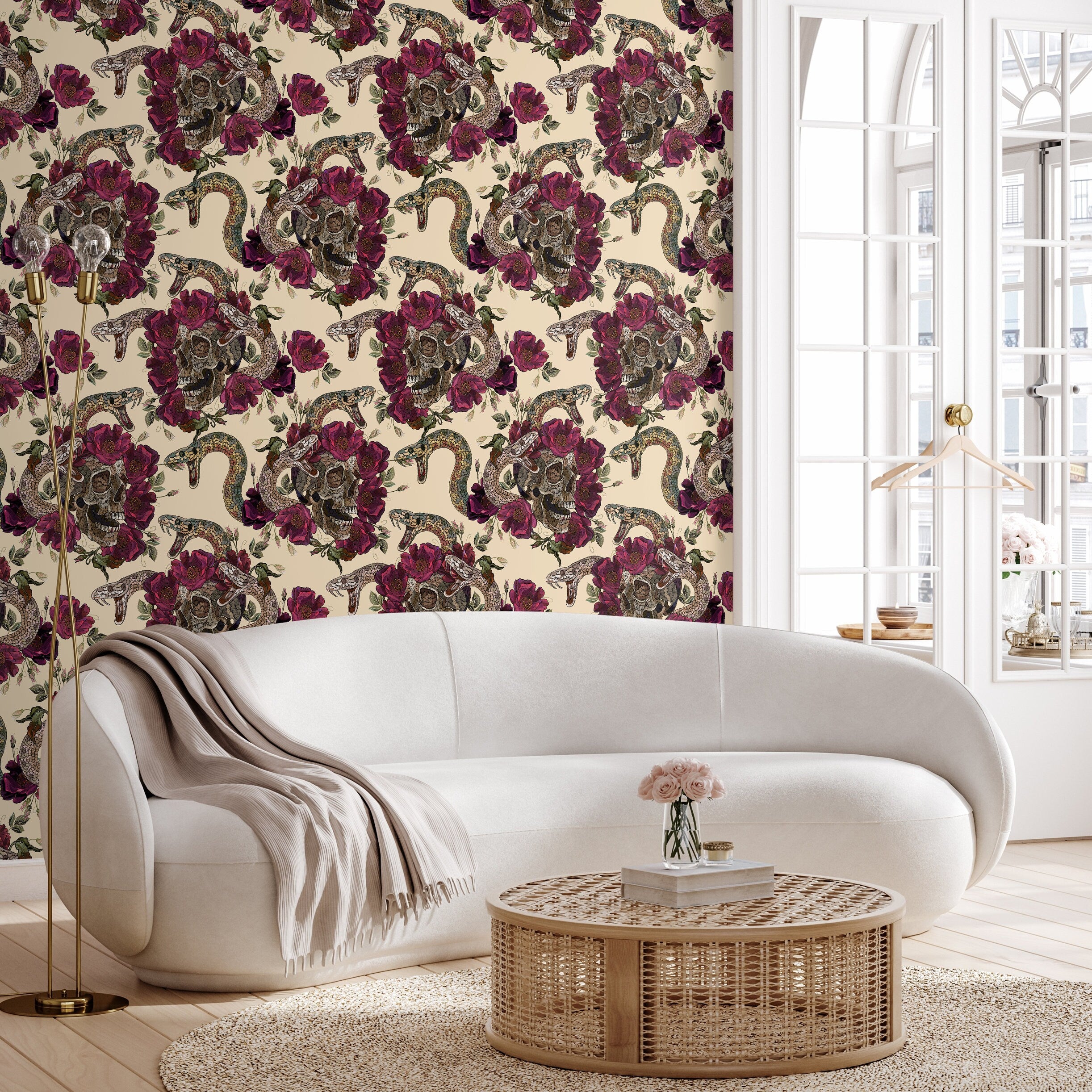 Gothic Wallpaper With Skulls, Snakes, And Roses In Burgundy And Brown - D902