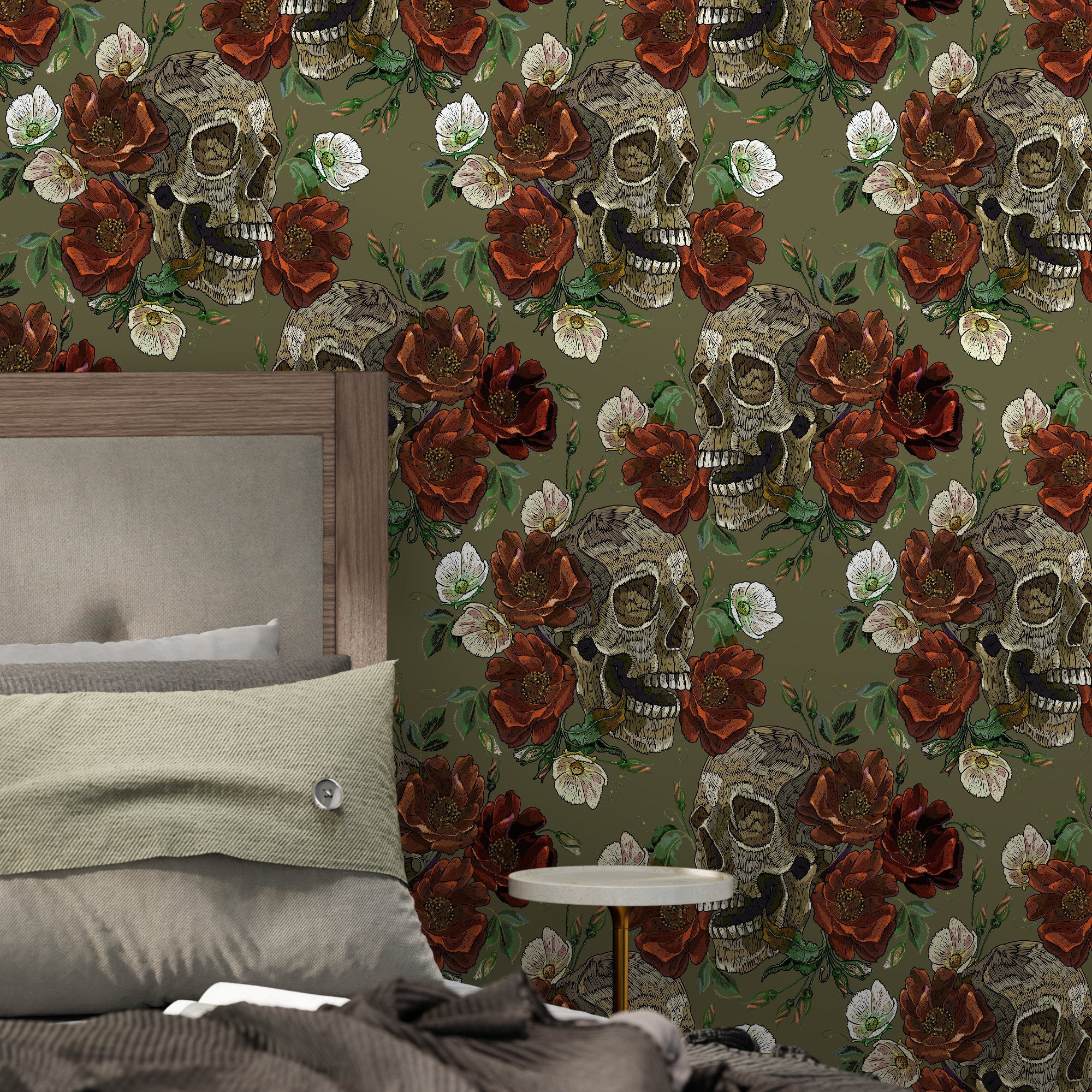 Gothic Wallpaper With Skulls And Roses In Green And Red - D904