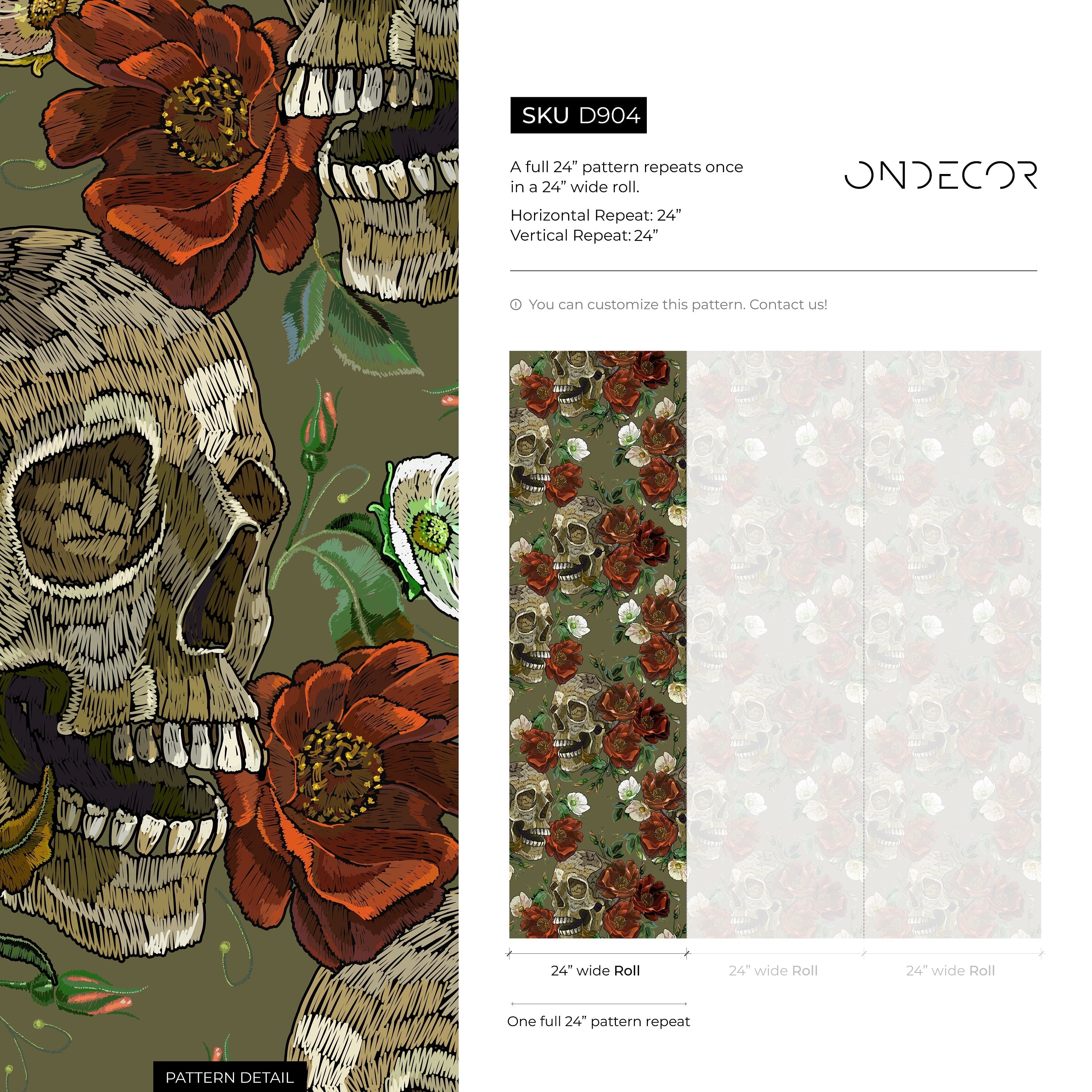 Gothic Wallpaper With Skulls And Roses In Green And Red - D904