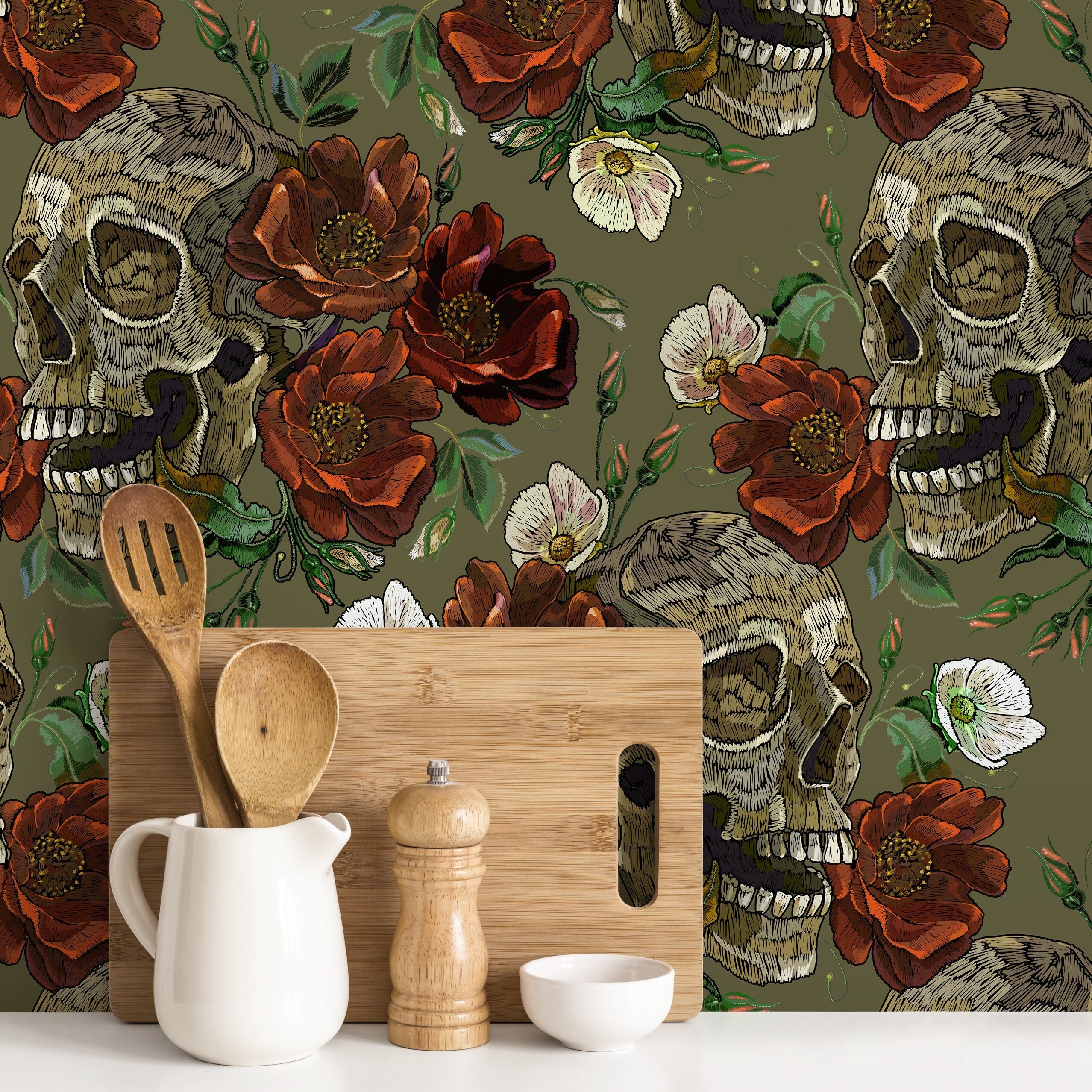 Gothic Wallpaper With Skulls And Roses In Green And Red - D904