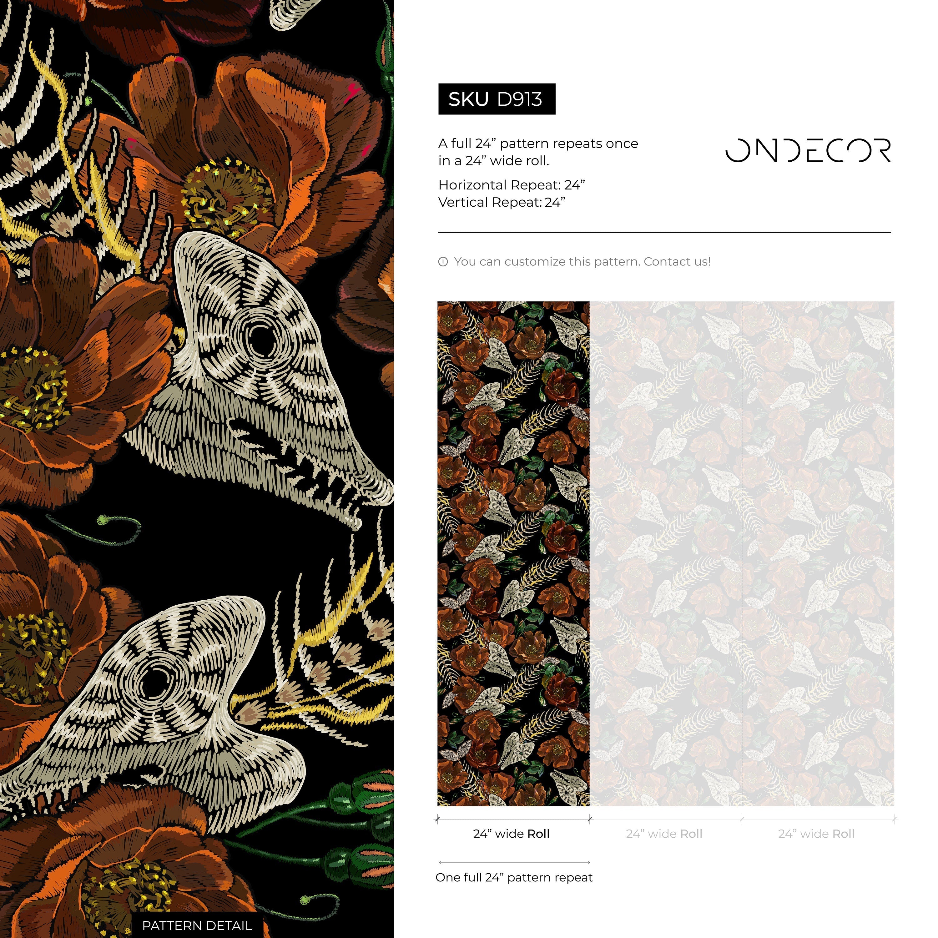 Gothic Botanical Wallpaper With Moths And Skeletons In Rust And Cream - D913