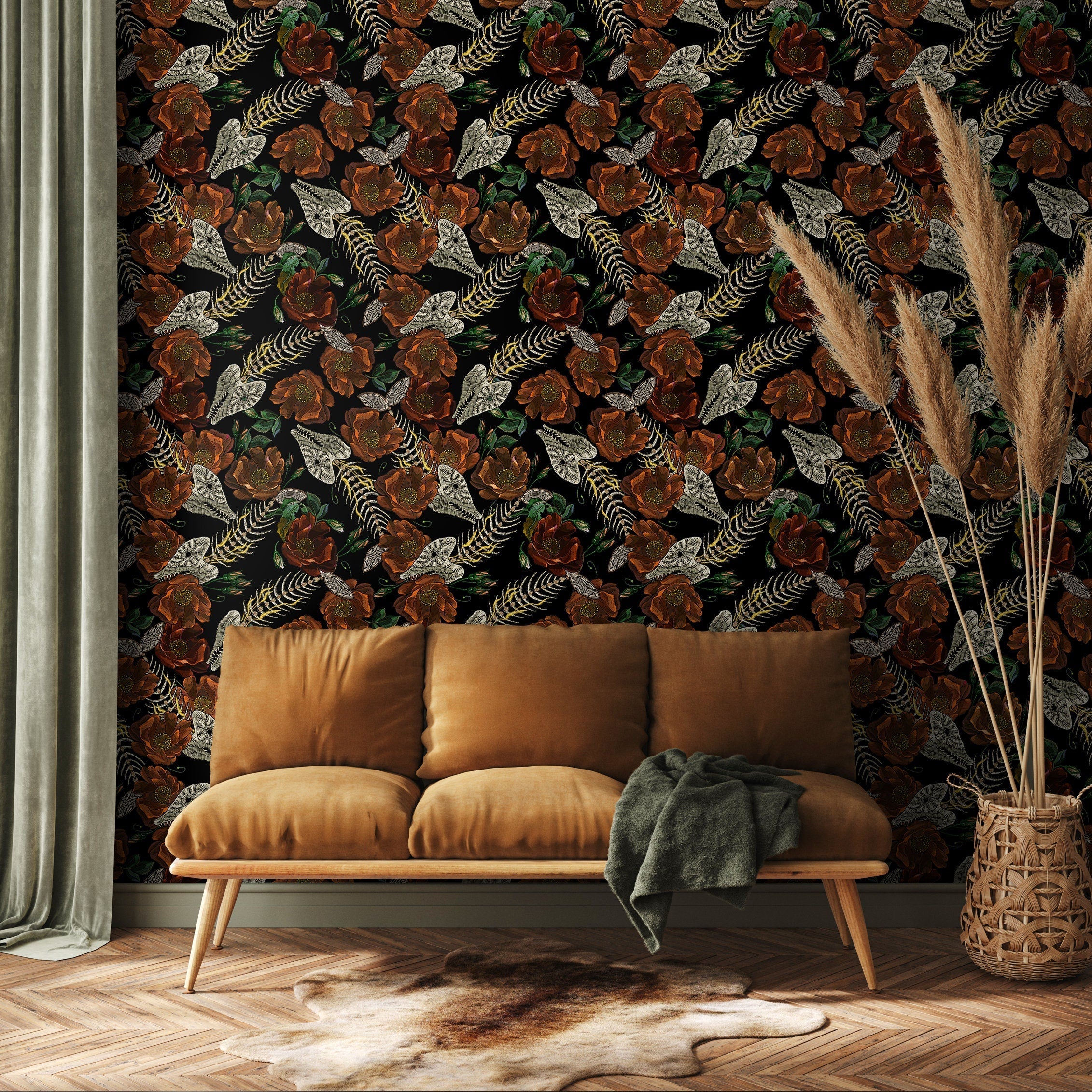 Gothic Botanical Wallpaper With Moths And Skeletons In Rust And Cream - D913