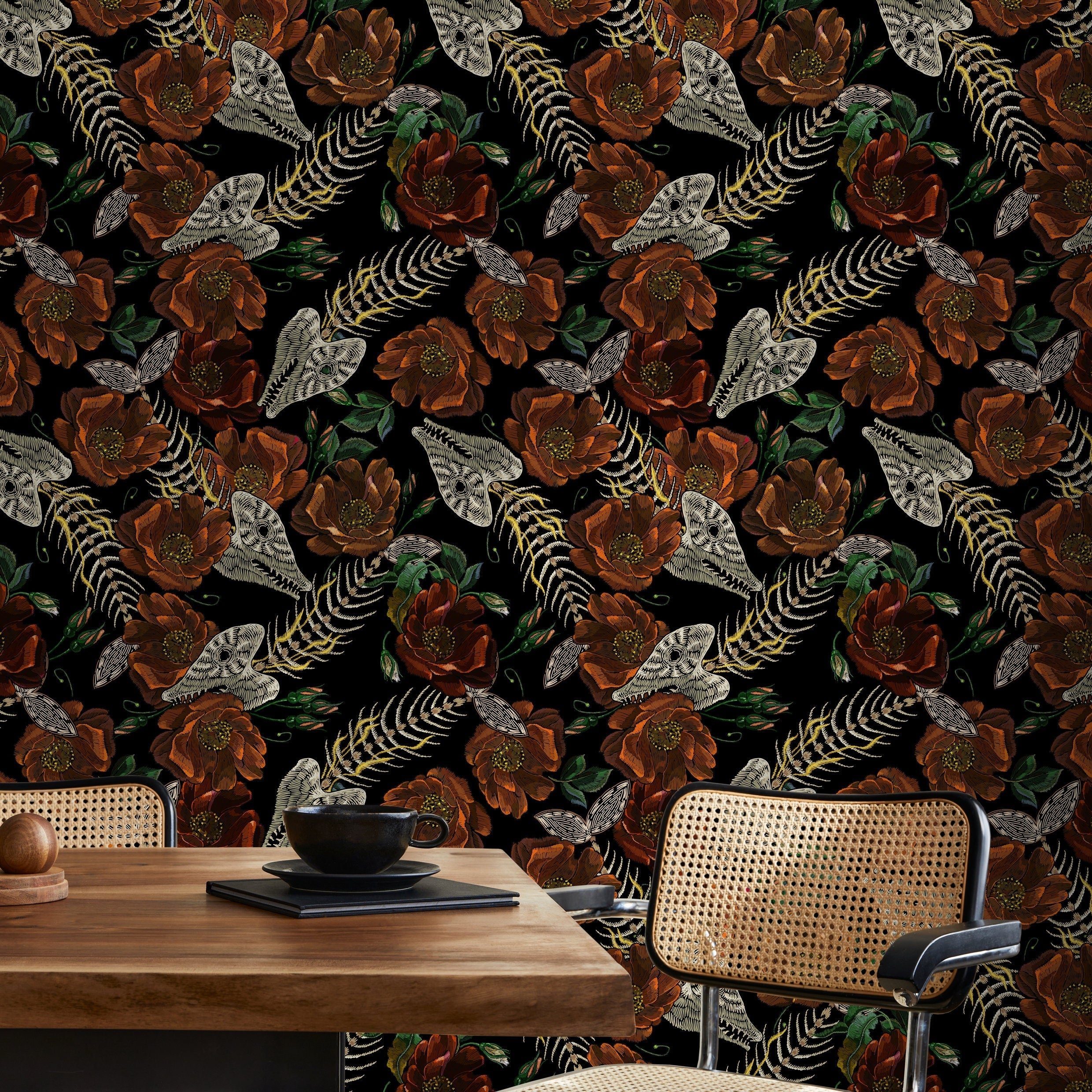 Gothic Botanical Wallpaper With Moths And Skeletons In Rust And Cream - D913