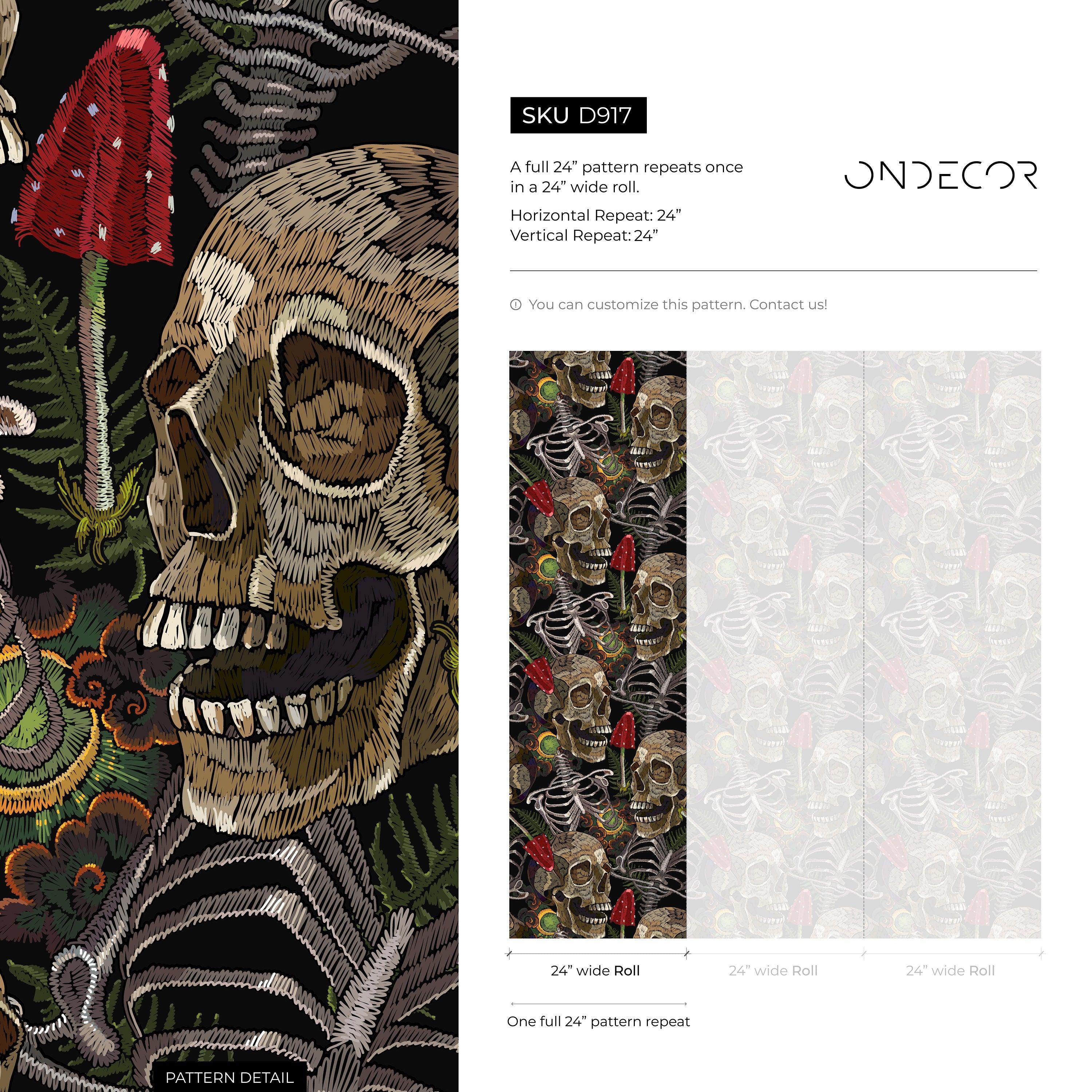Gothic Wallpaper Featuring Skulls And Ferns In Brown, Green, And Red - D917