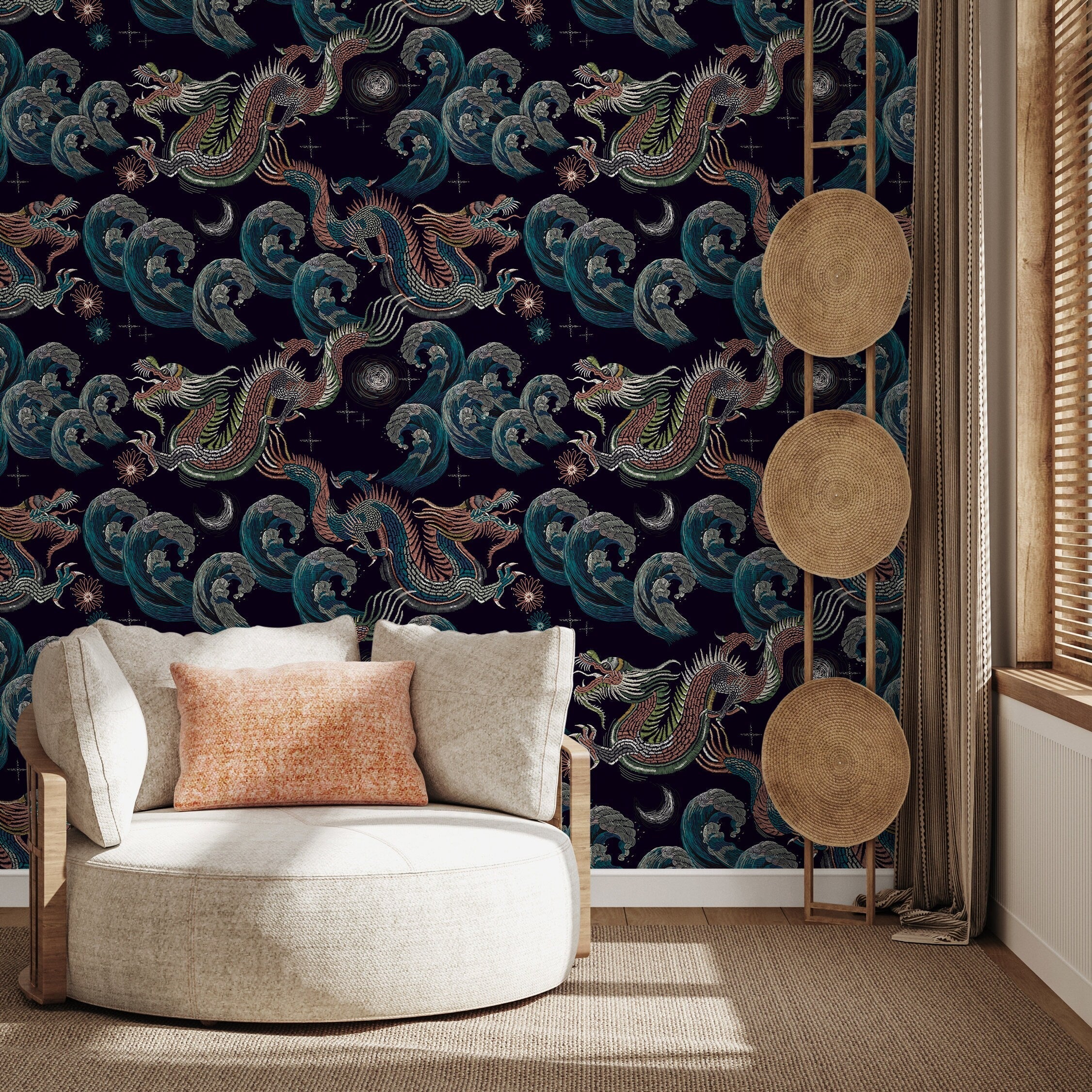 Chinoiserie Wallpaper With An Embroidered Dragon Motif In Teal, Terracotta, And Navy - D878
