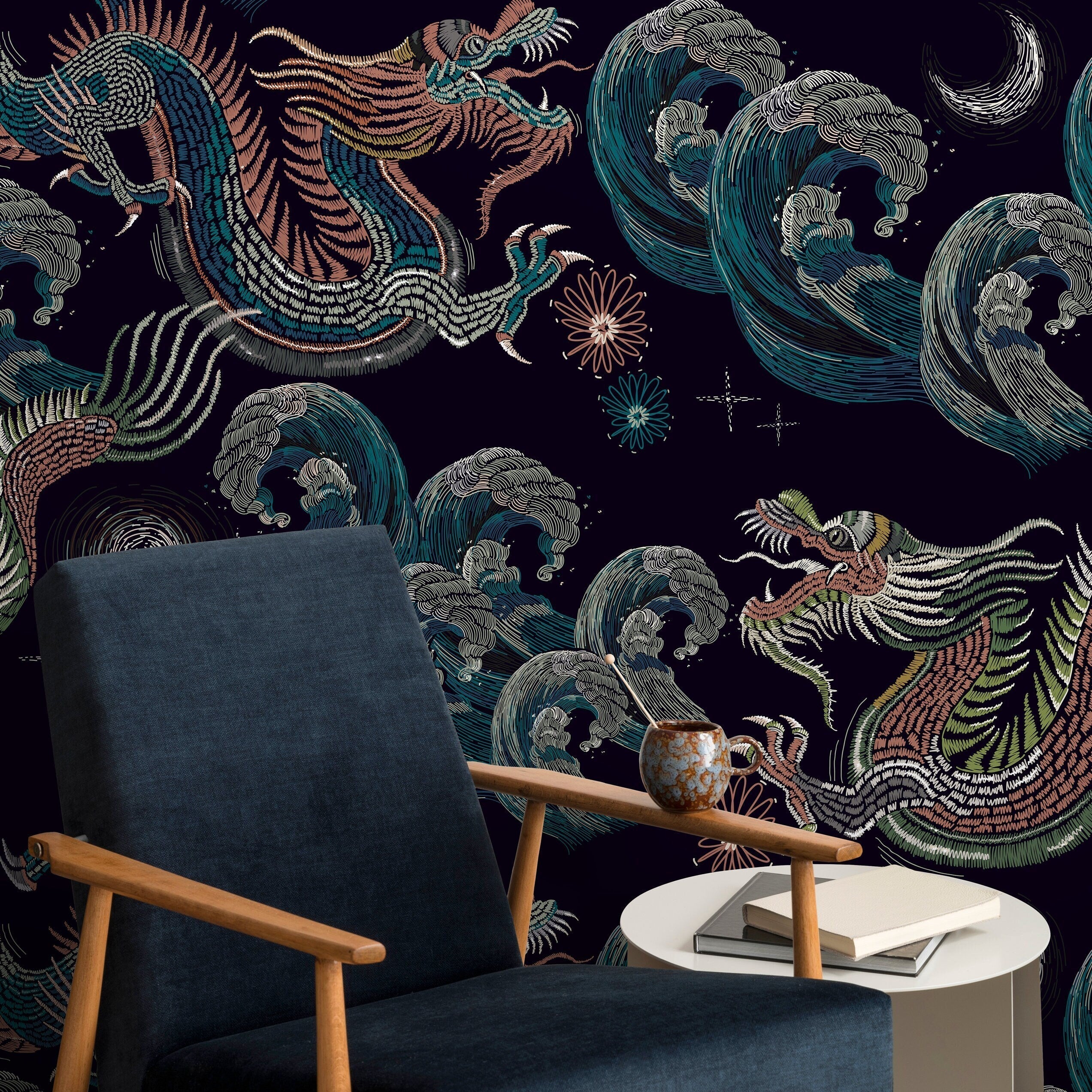 Chinoiserie Wallpaper With An Embroidered Dragon Motif In Teal, Terracotta, And Navy - D878