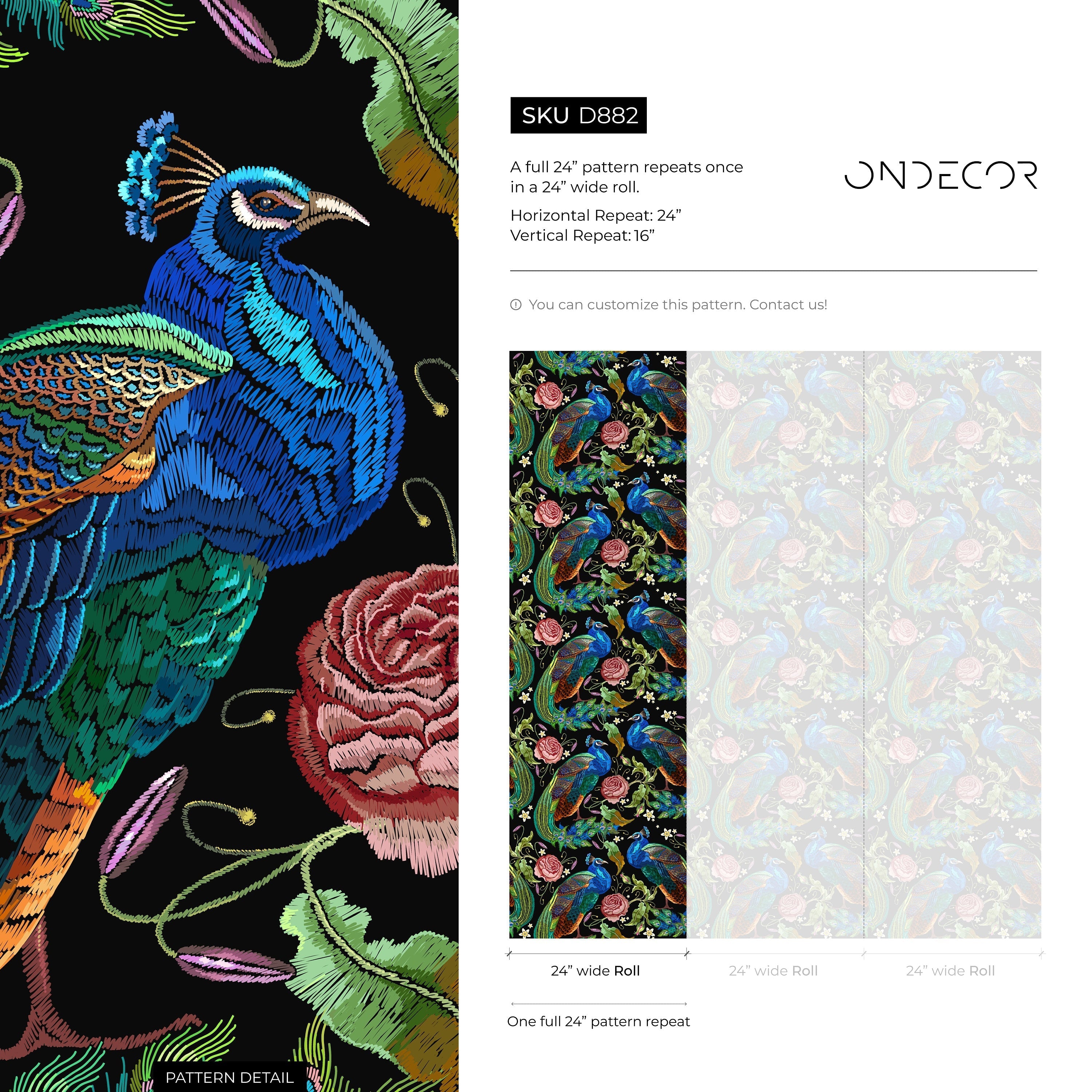 Peacock Wallpaper With An Embroidered Floral Motif In Blue, Green, And Pink - D882