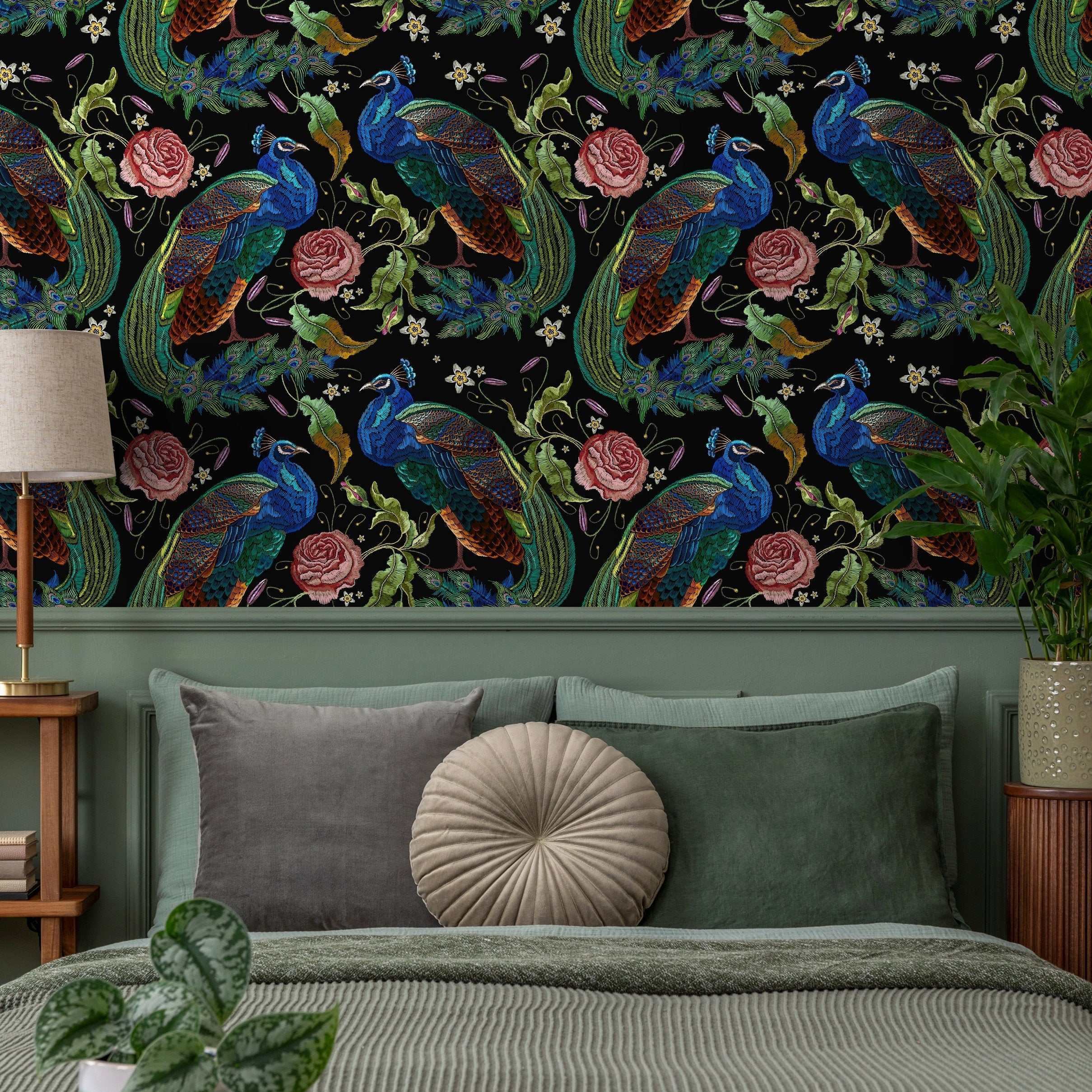 Peacock Wallpaper With An Embroidered Floral Motif In Blue, Green, And Pink - D882
