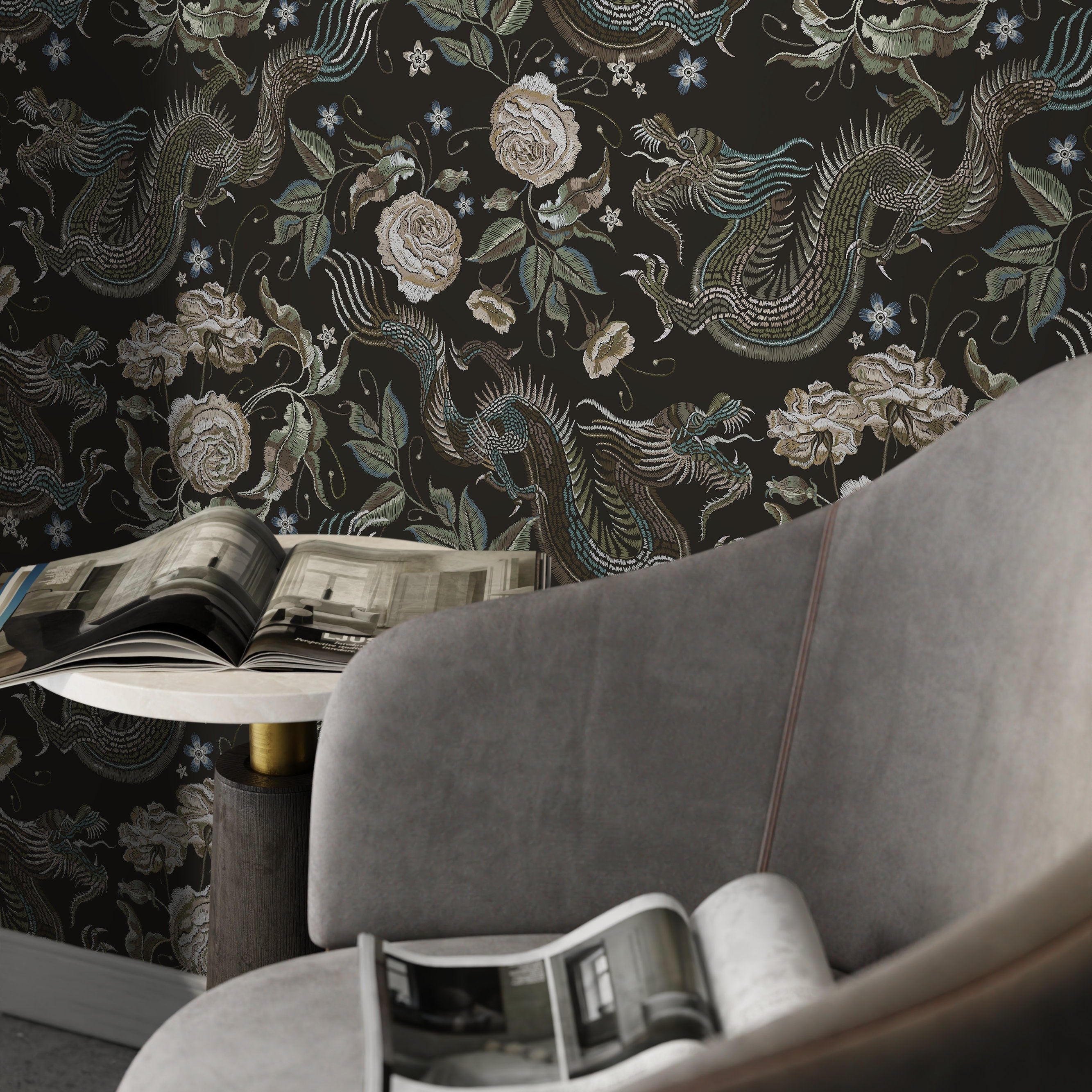 Chinoiserie Wallpaper With Embroidered Dragons And Roses In Green, Beige, And Blue - D881