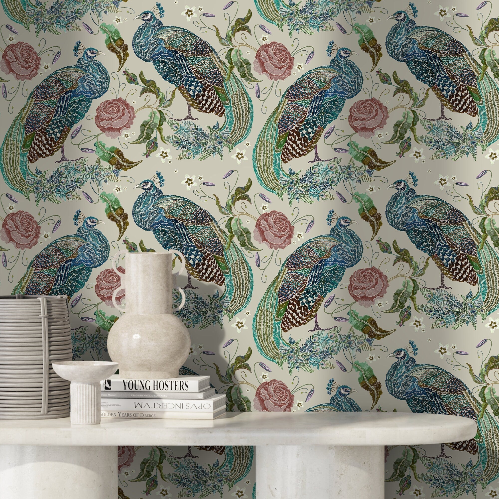 Peacock Wallpaper With An Embroidered Floral Motif In Blue, Green, And Pink - D883