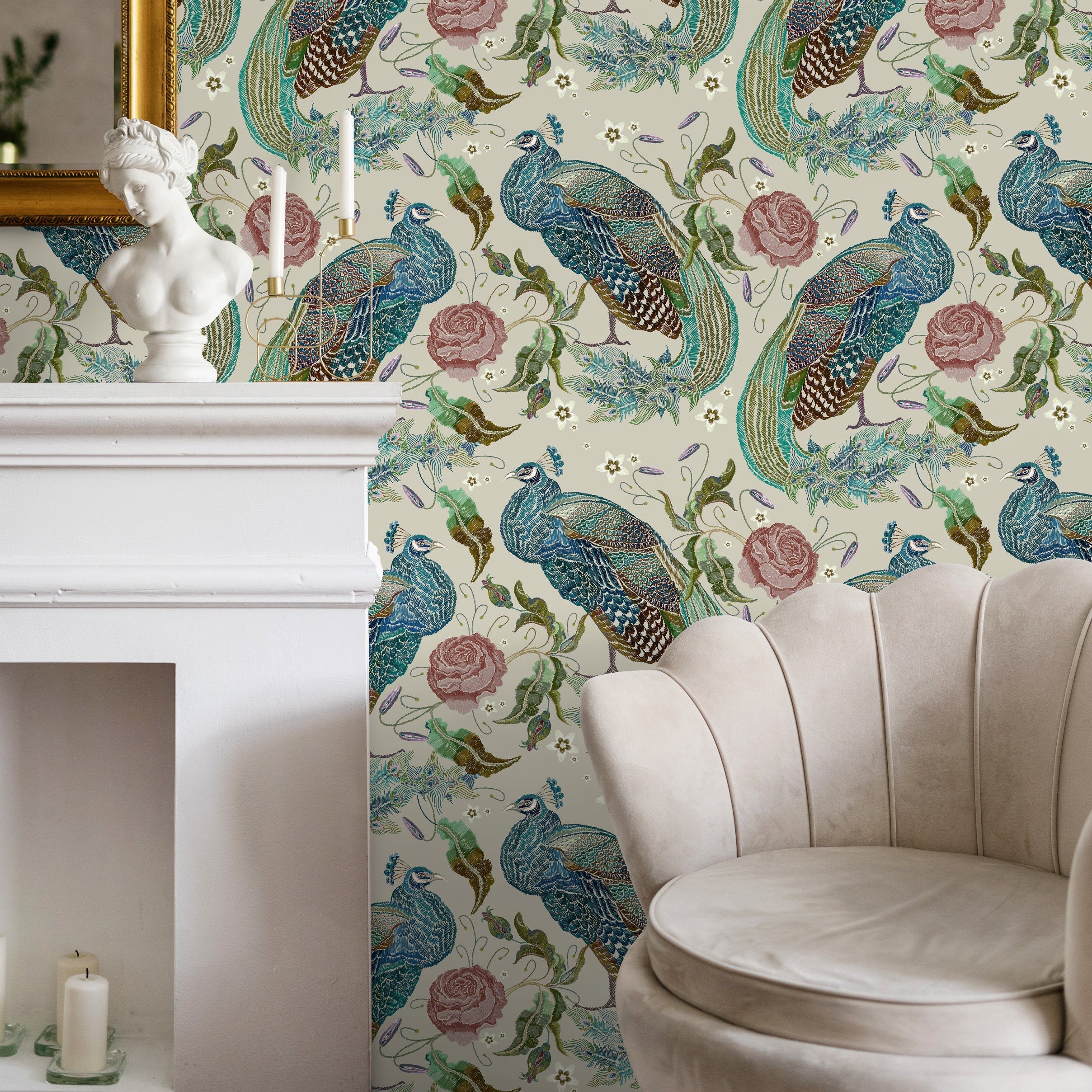 Peacock Wallpaper With An Embroidered Floral Motif In Blue, Green, And Pink - D883