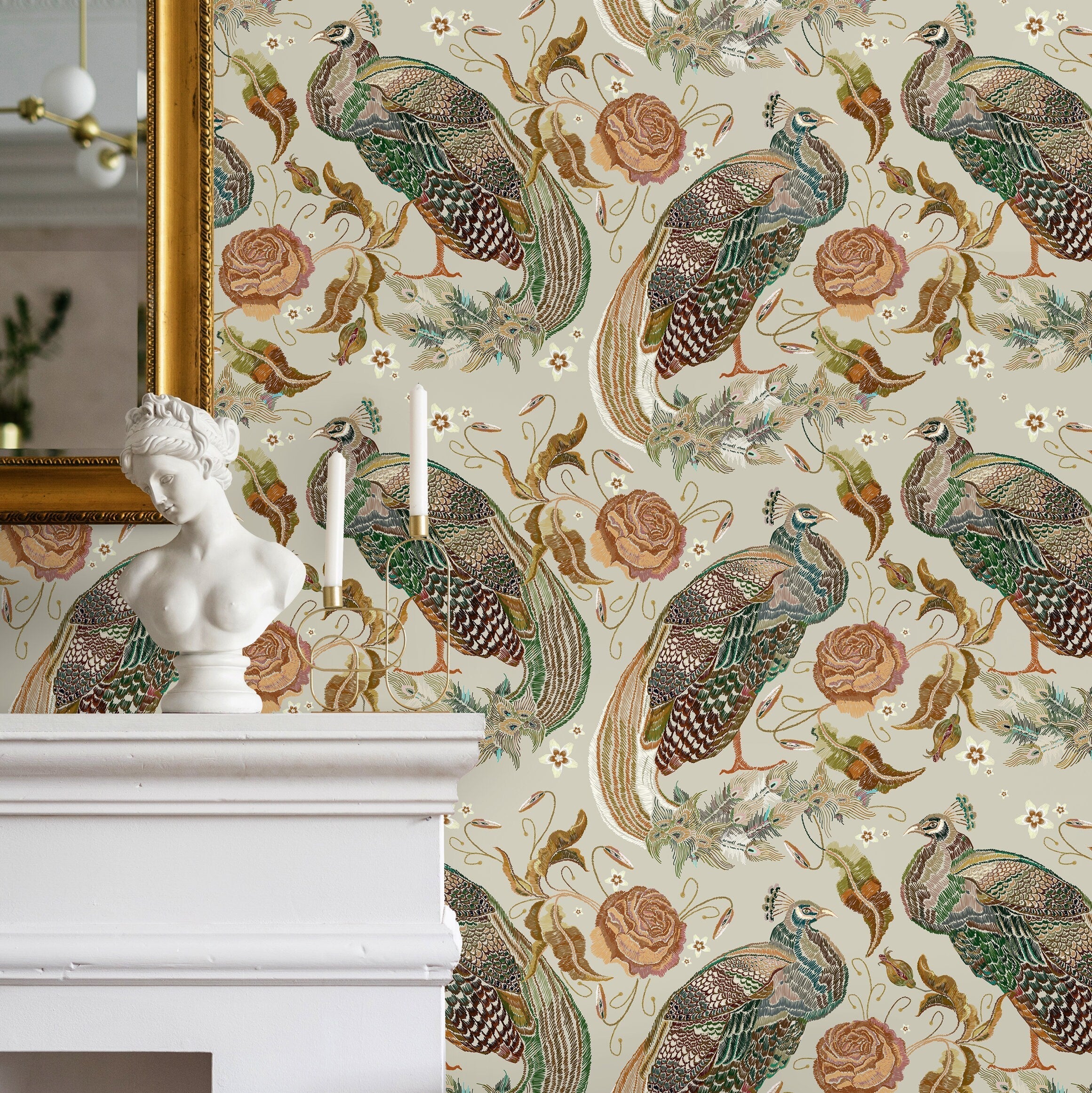 Vintage Peacock Wallpaper With Ornate Roses In Green, Brown, And Pink - D885