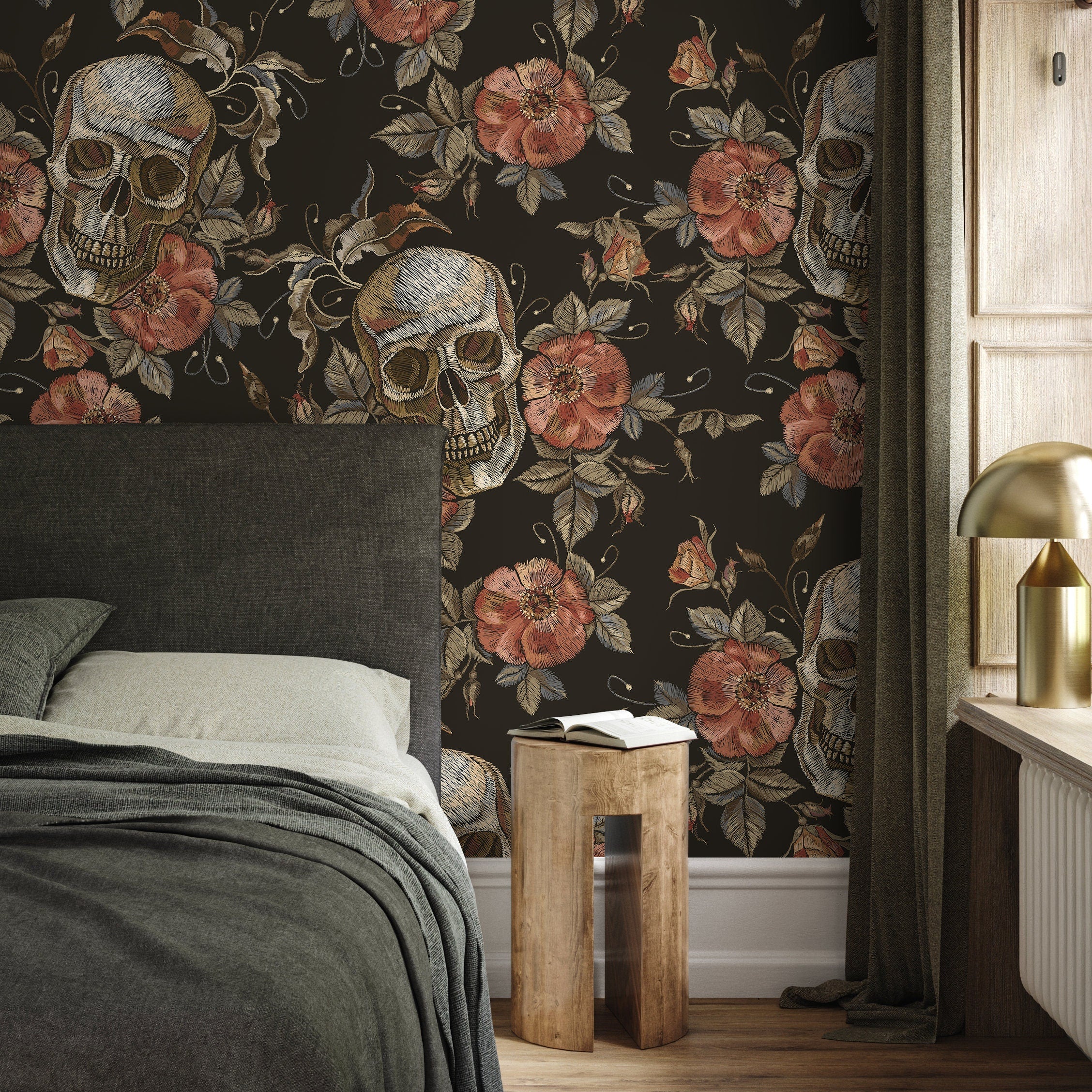 Gothic Wallpaper With Embroidered Skulls And Roses In Black, Terracotta, And Beige - D890