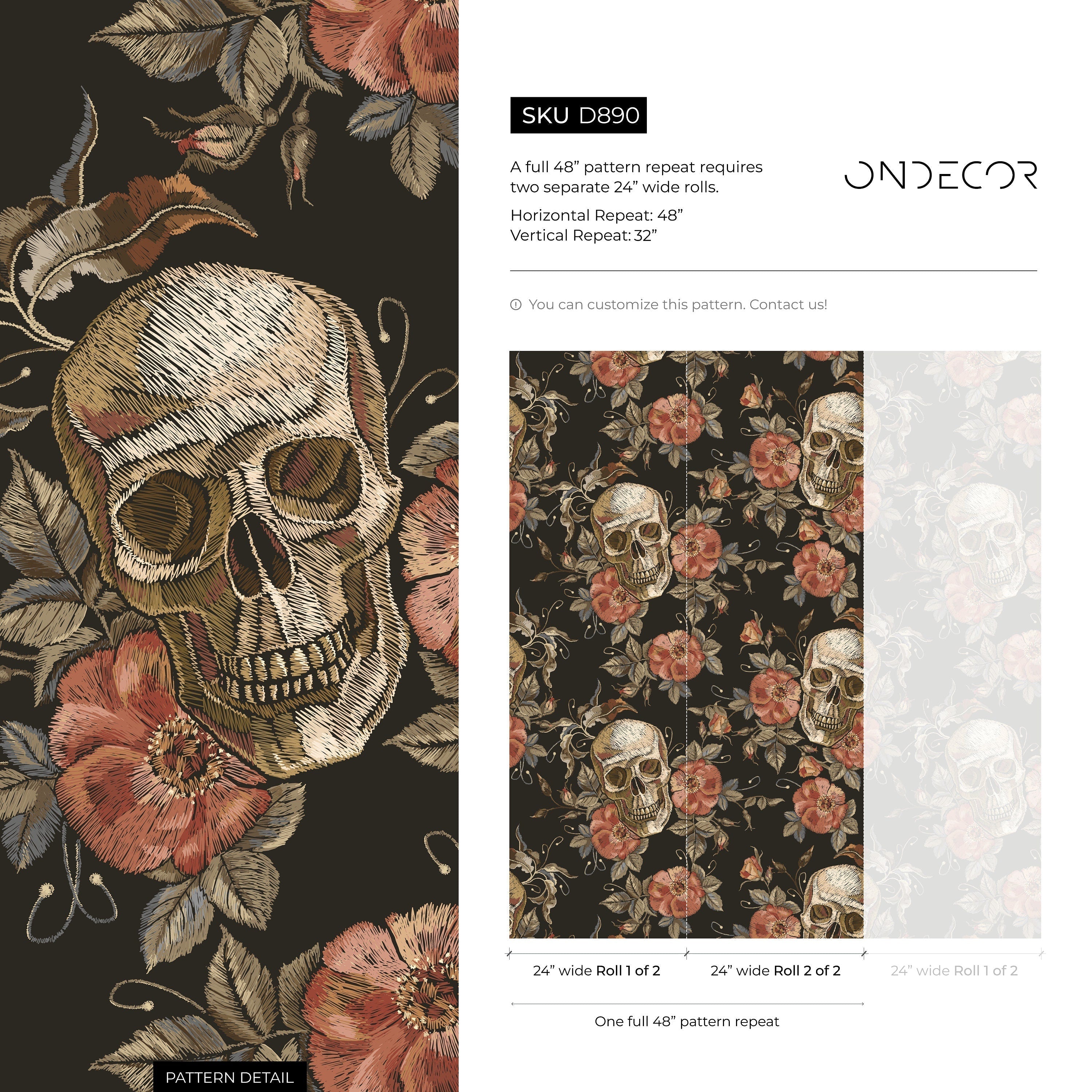 Gothic Wallpaper With Embroidered Skulls And Roses In Black, Terracotta, And Beige - D890