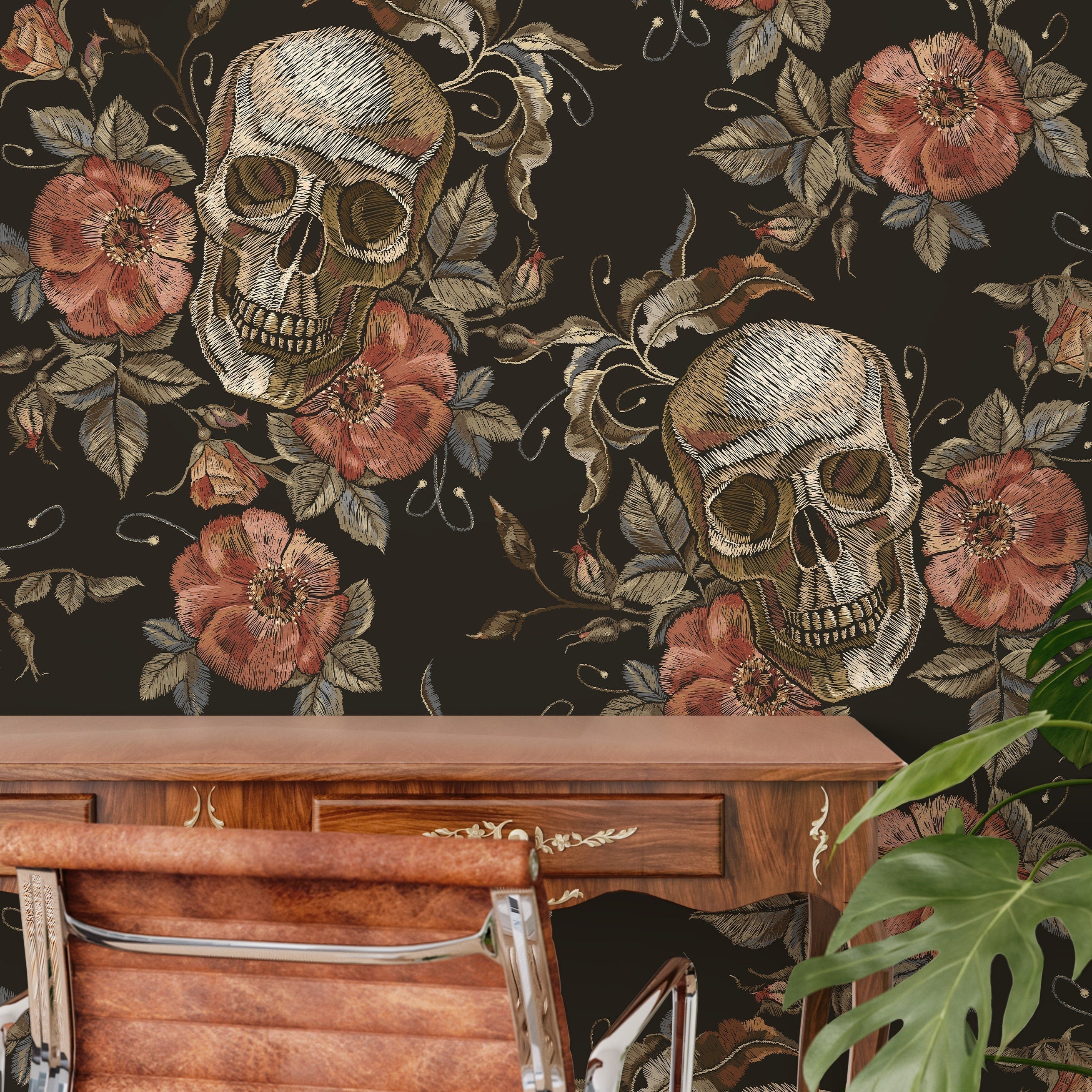 Gothic Wallpaper With Embroidered Skulls And Roses In Black, Terracotta, And Beige - D890