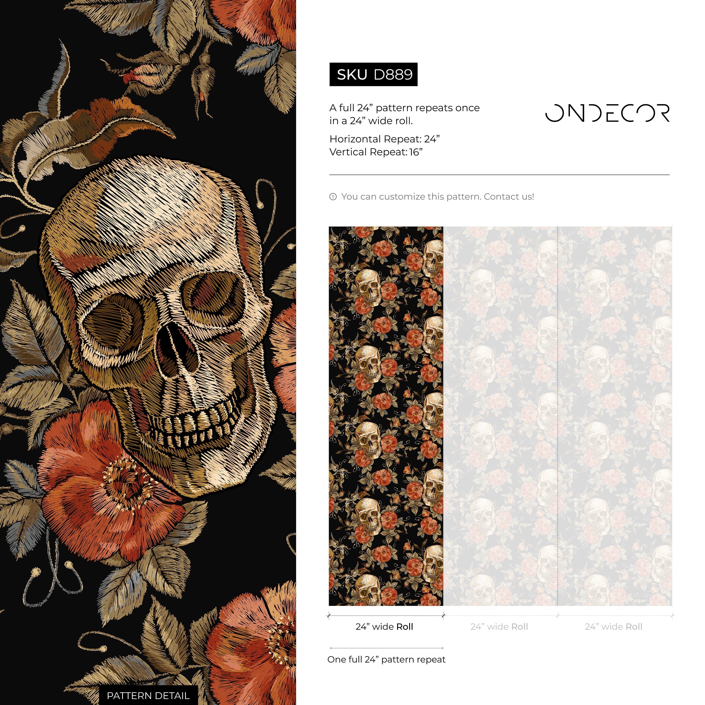 Gothic Wallpaper With Skulls And Embroidered Roses In Red, Brown, And Black - D889
