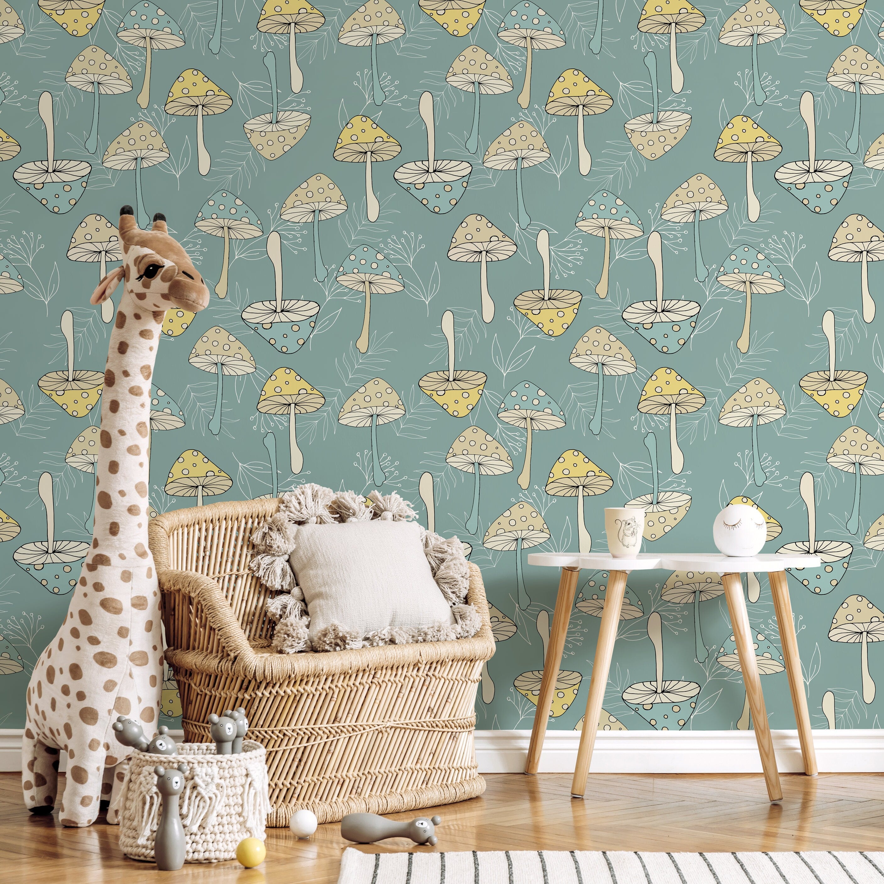 Mushroom Wallpaper With A Whimsical Polka Dot Style In Green, Yellow, And Beige - D892