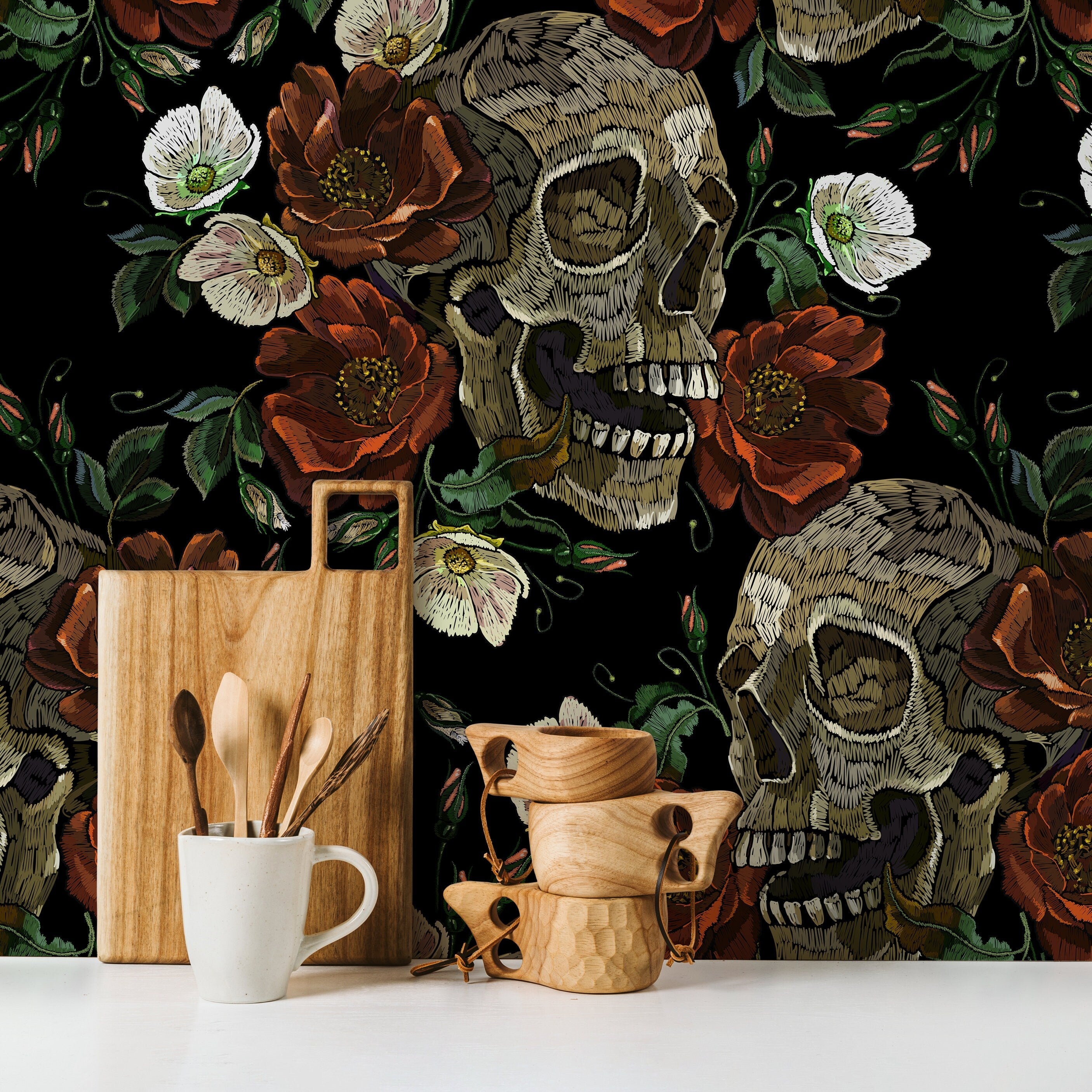 Gothic Wallpaper With Embroidered Skulls And Flowers In Red And Beige - D906