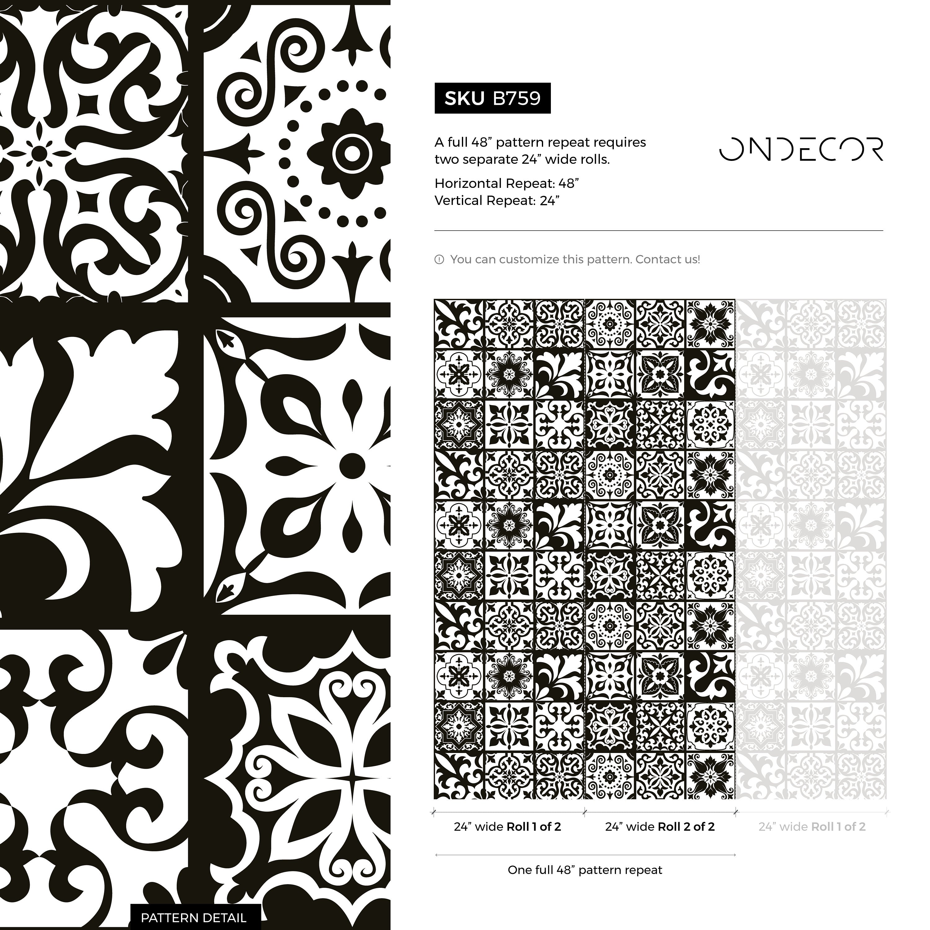 Tile Wallpaper With Ornamental Patterns In Black And White - B759