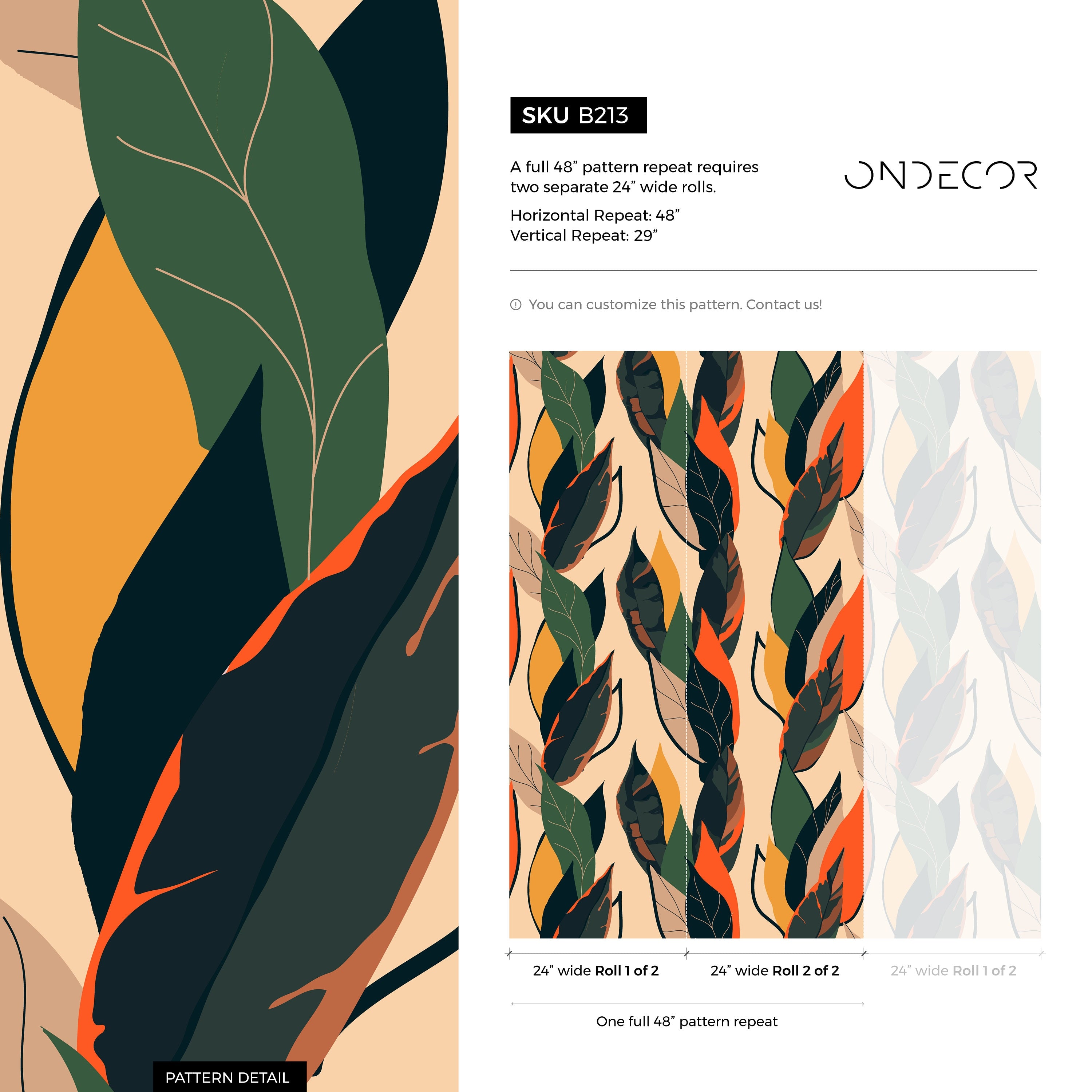 Botanical Wallpaper With Abstract Leaves In Green, Orange, And Yellow - B213