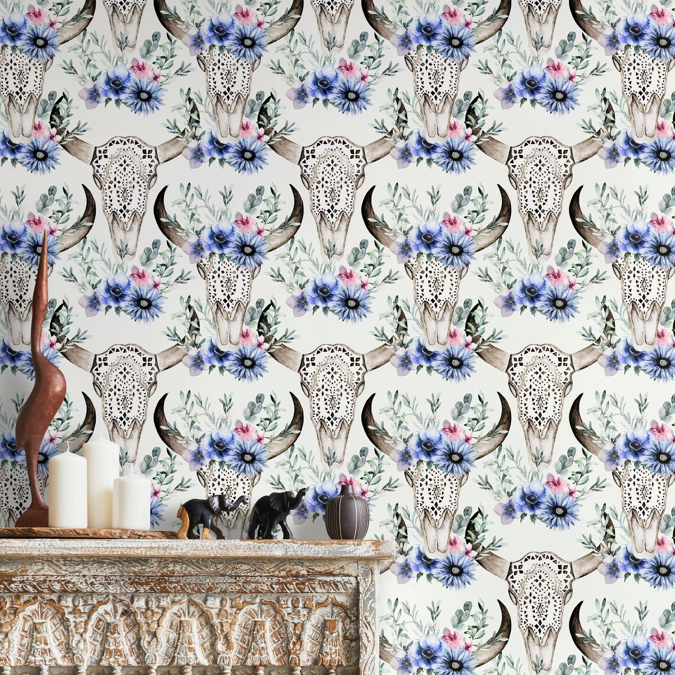 Floral Wallpaper With A Bohemian Bull Skull Motif In Blue, Pink, And Green - D926