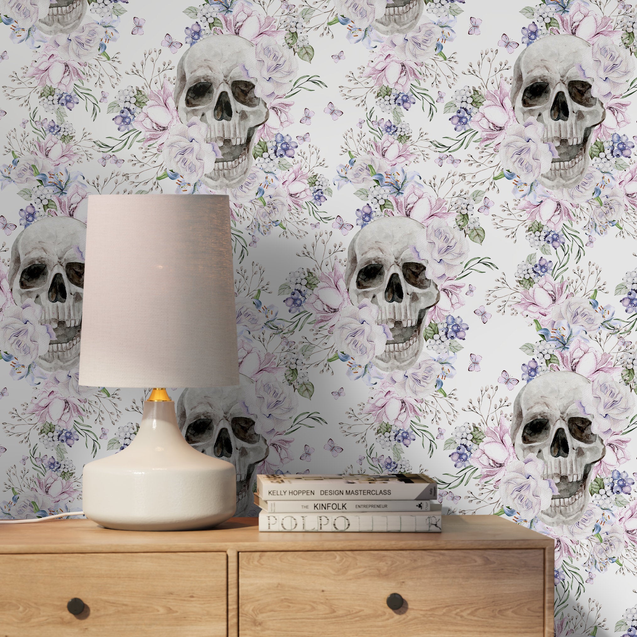 Gothic Wallpaper With A Floral Skull Motif In Gray, Pink, And Lavender - D930