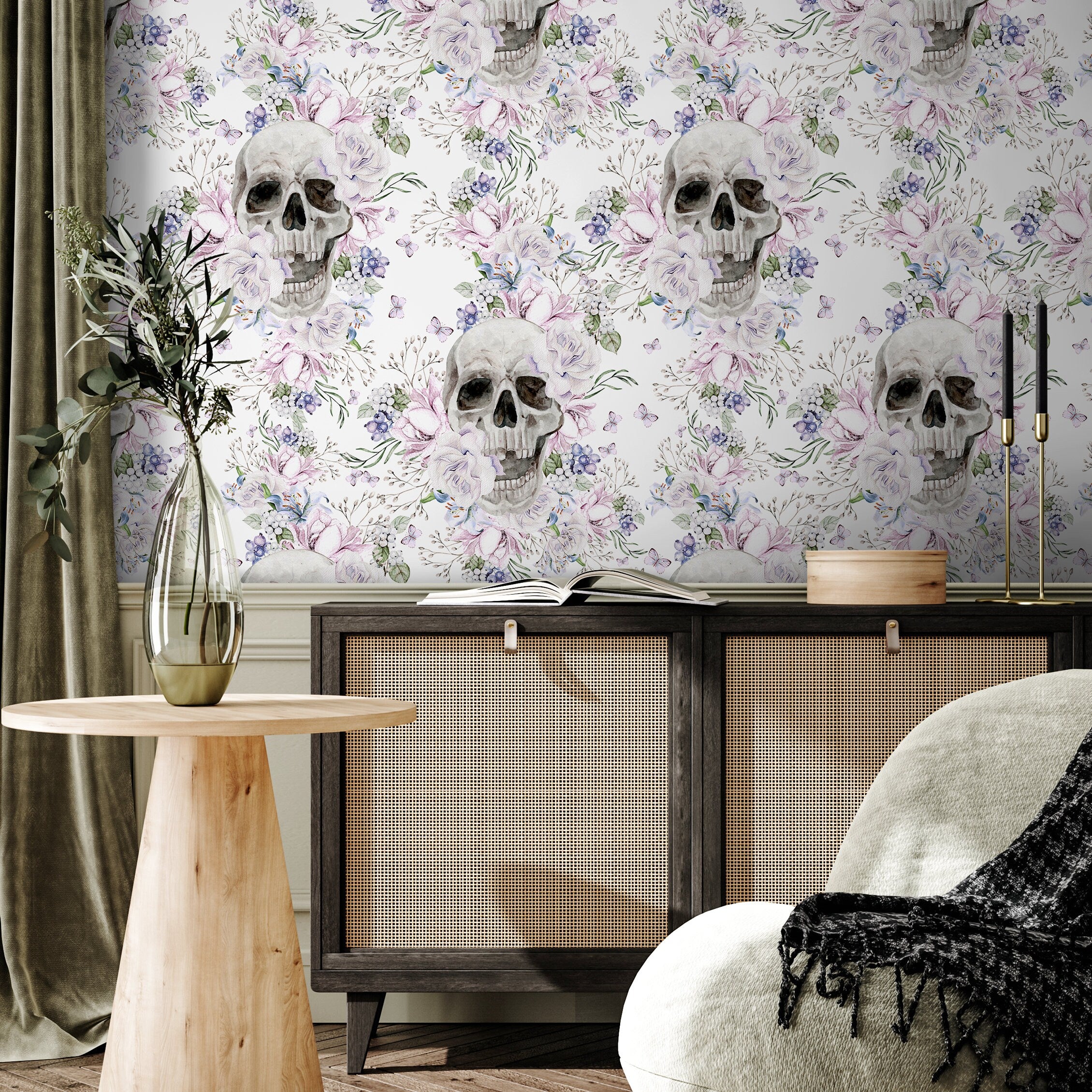 Gothic Wallpaper With A Floral Skull Motif In Gray, Pink, And Lavender - D930