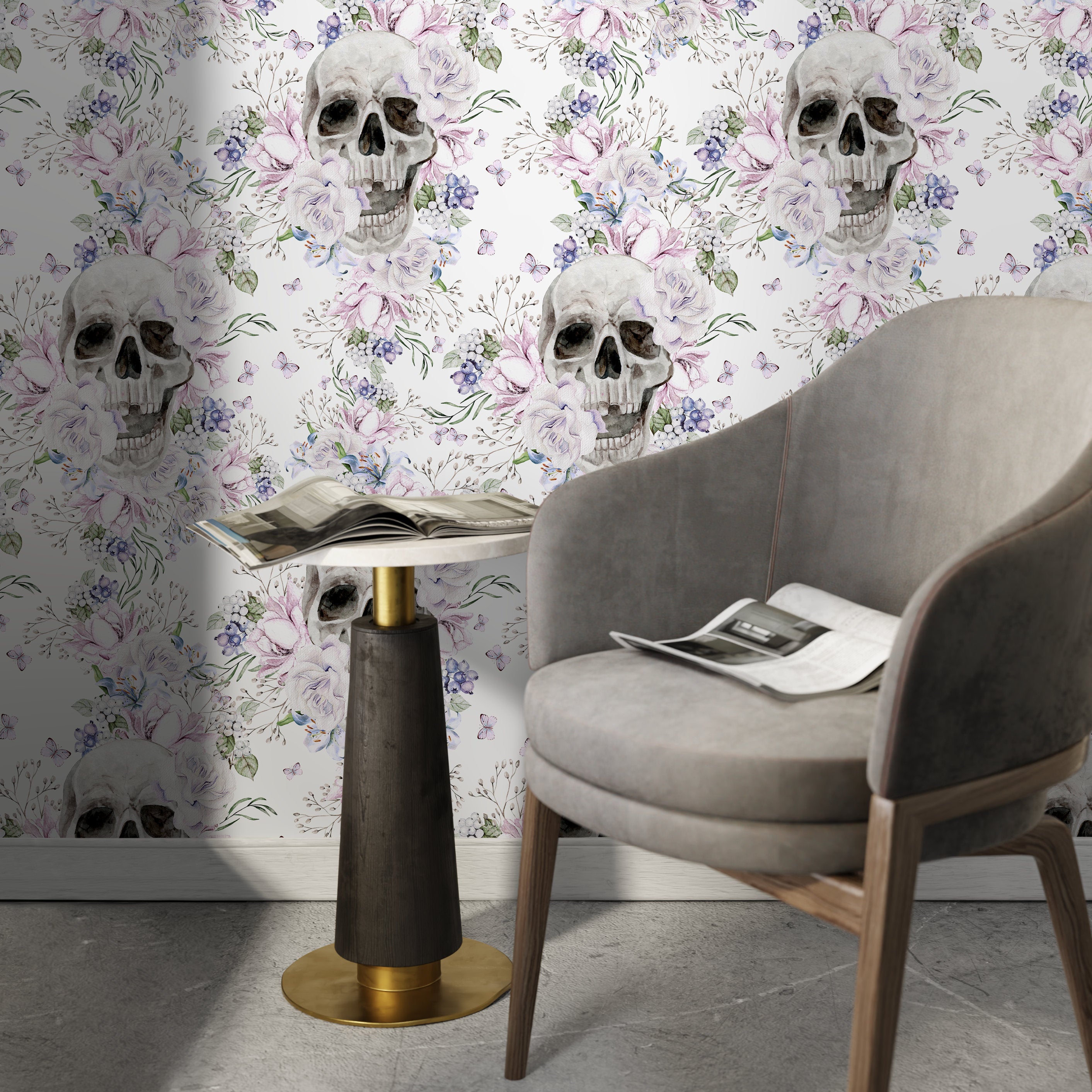Gothic Wallpaper With A Floral Skull Motif In Gray, Pink, And Lavender - D930