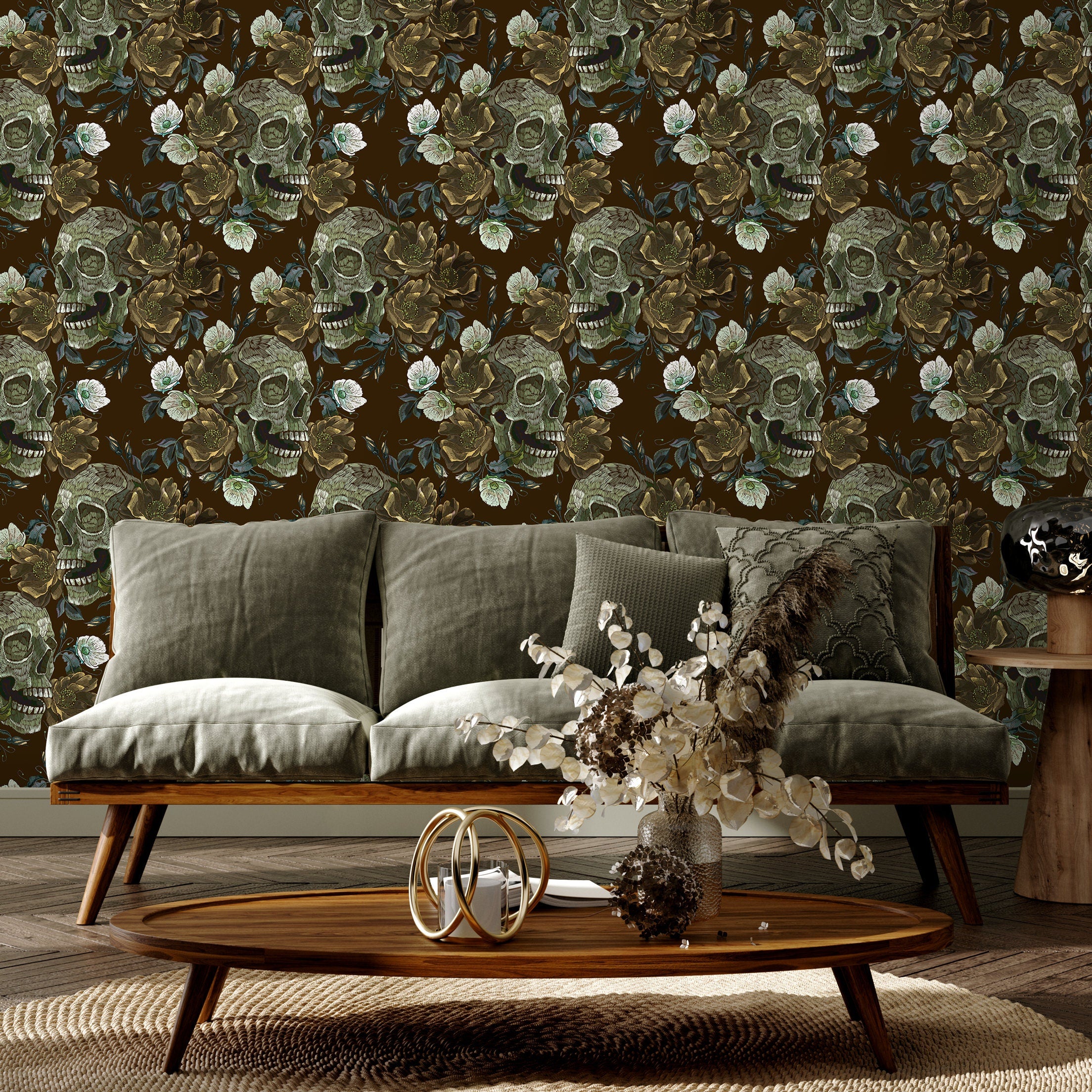 Gothic Wallpaper With Embroidered Skulls And Roses In Green And Brown - D908