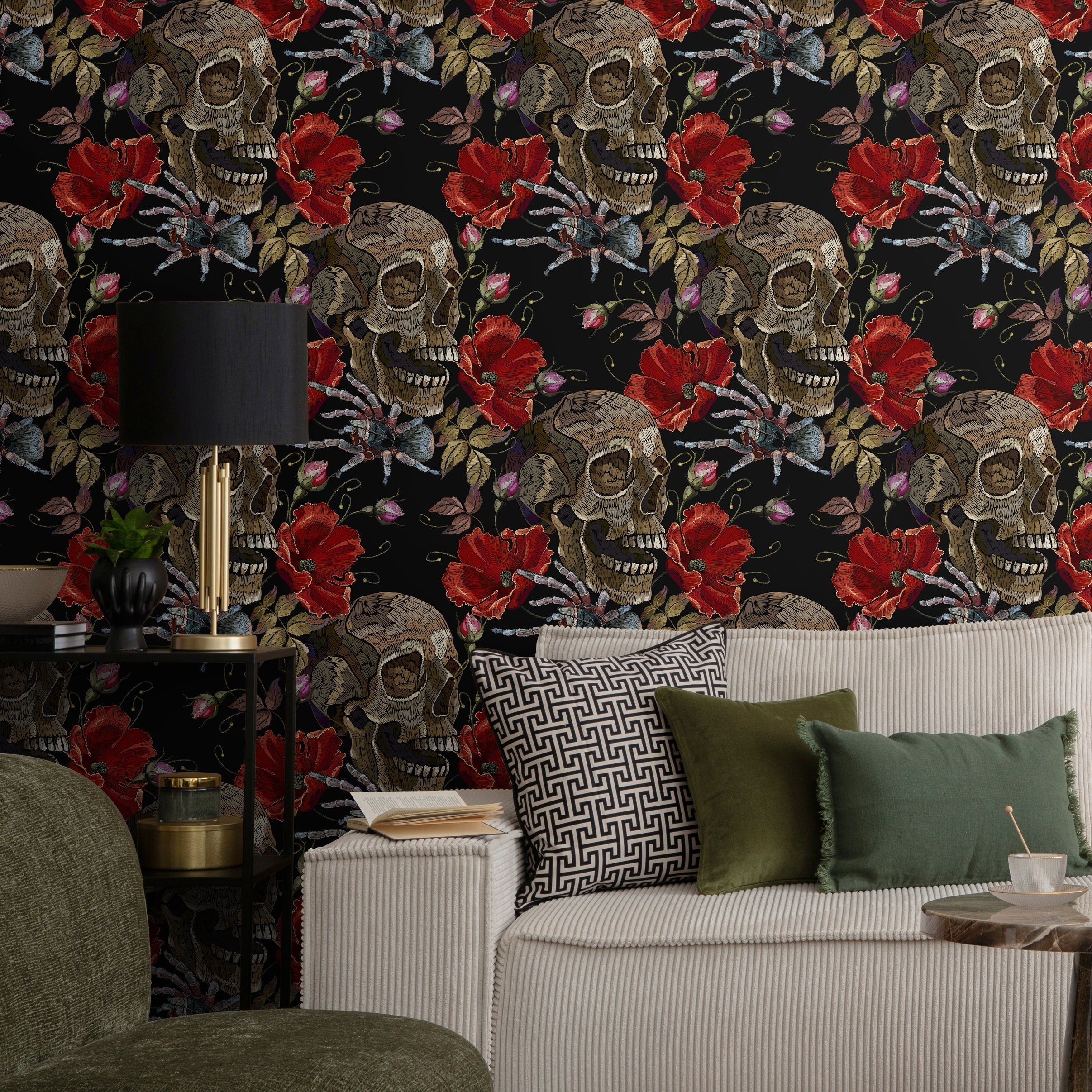 Gothic Wallpaper With An Embroidered Skull And Spider Motif In Red, Brown, And Black - D916