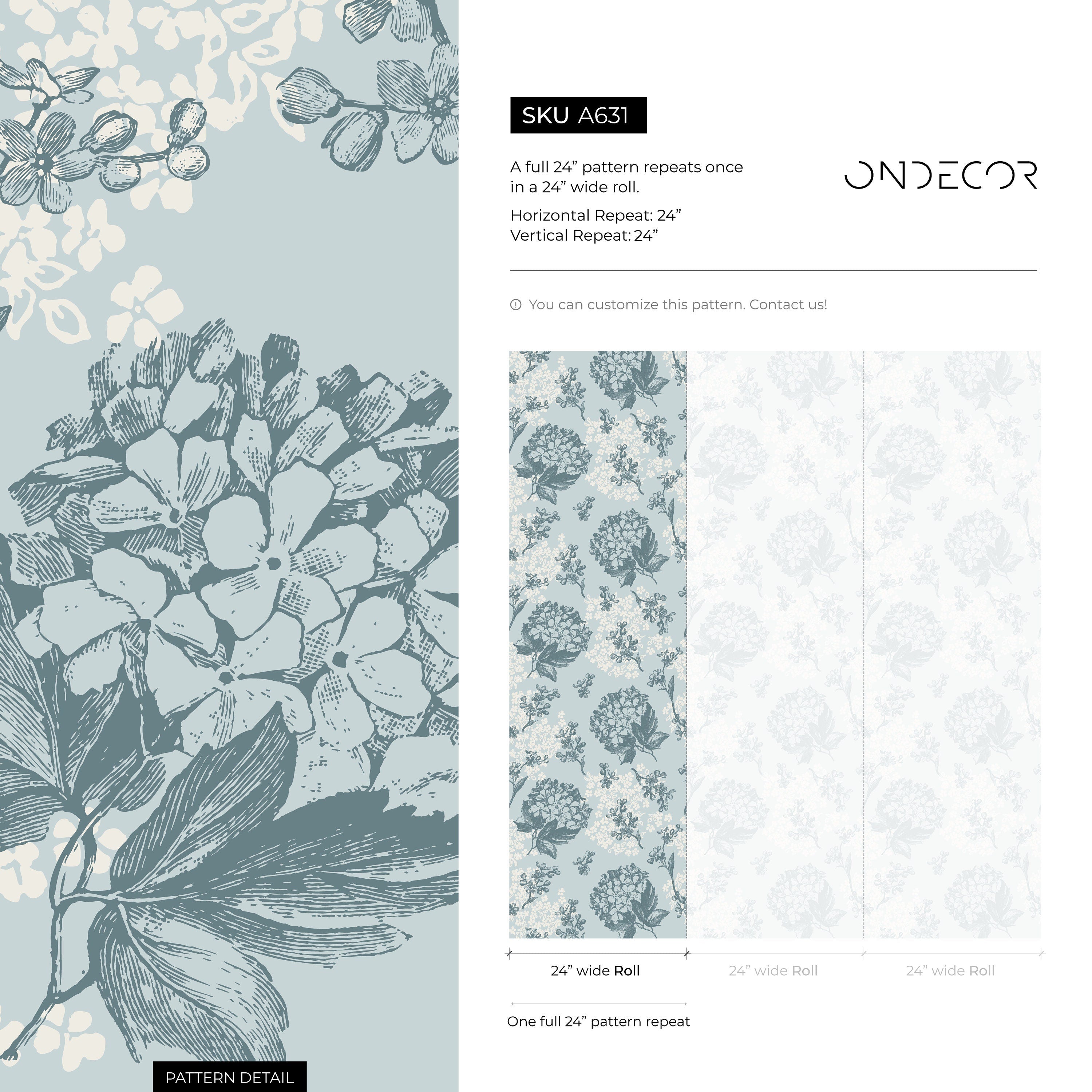 Floral Wallpaper With Vintage Hydrangeas In Blue, Slate Blue, And Cream - A631