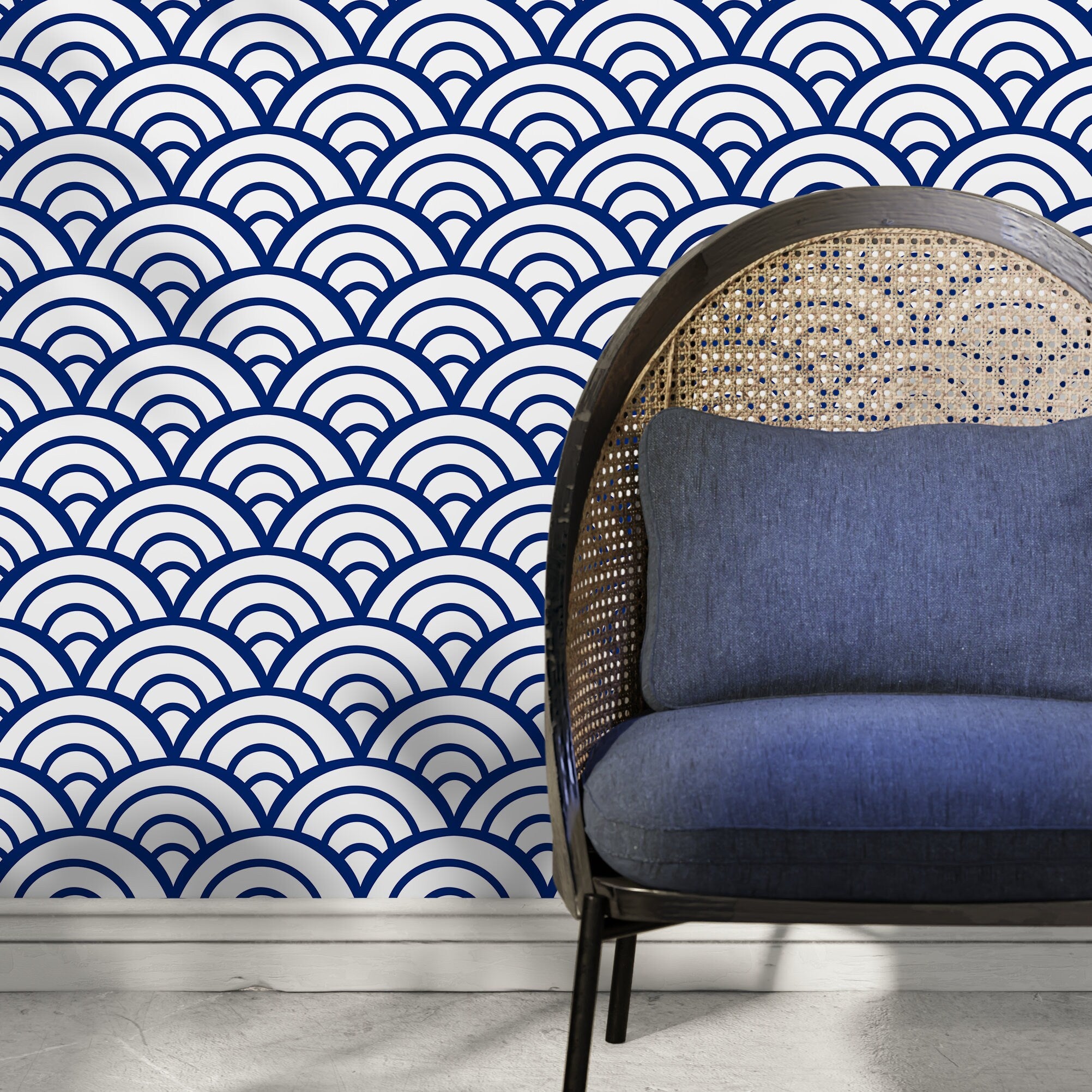 Geometric Wallpaper With A Japanese Wave Motif In Navy Blue And White - A566