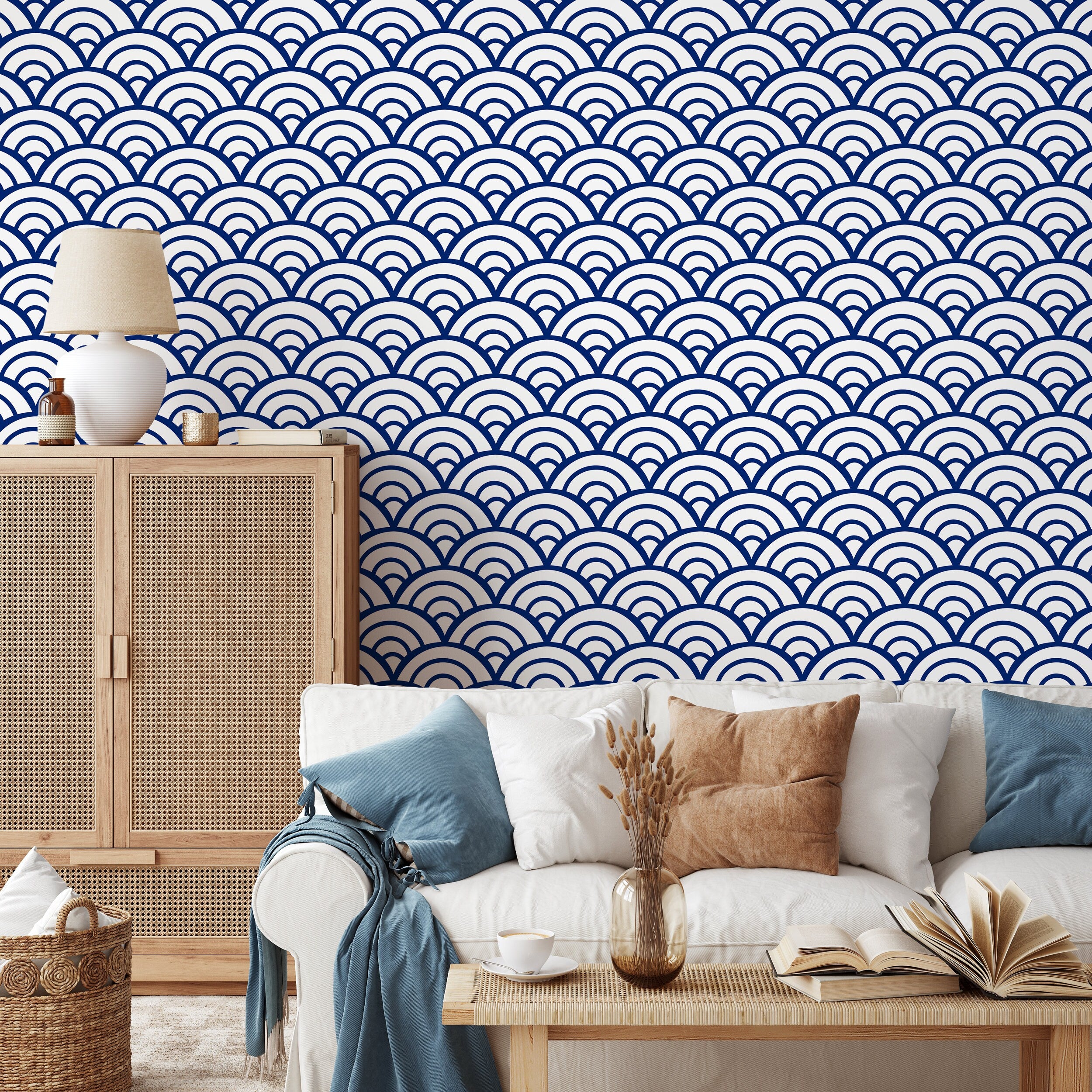 Geometric Wallpaper With A Japanese Wave Motif In Navy Blue And White - A566