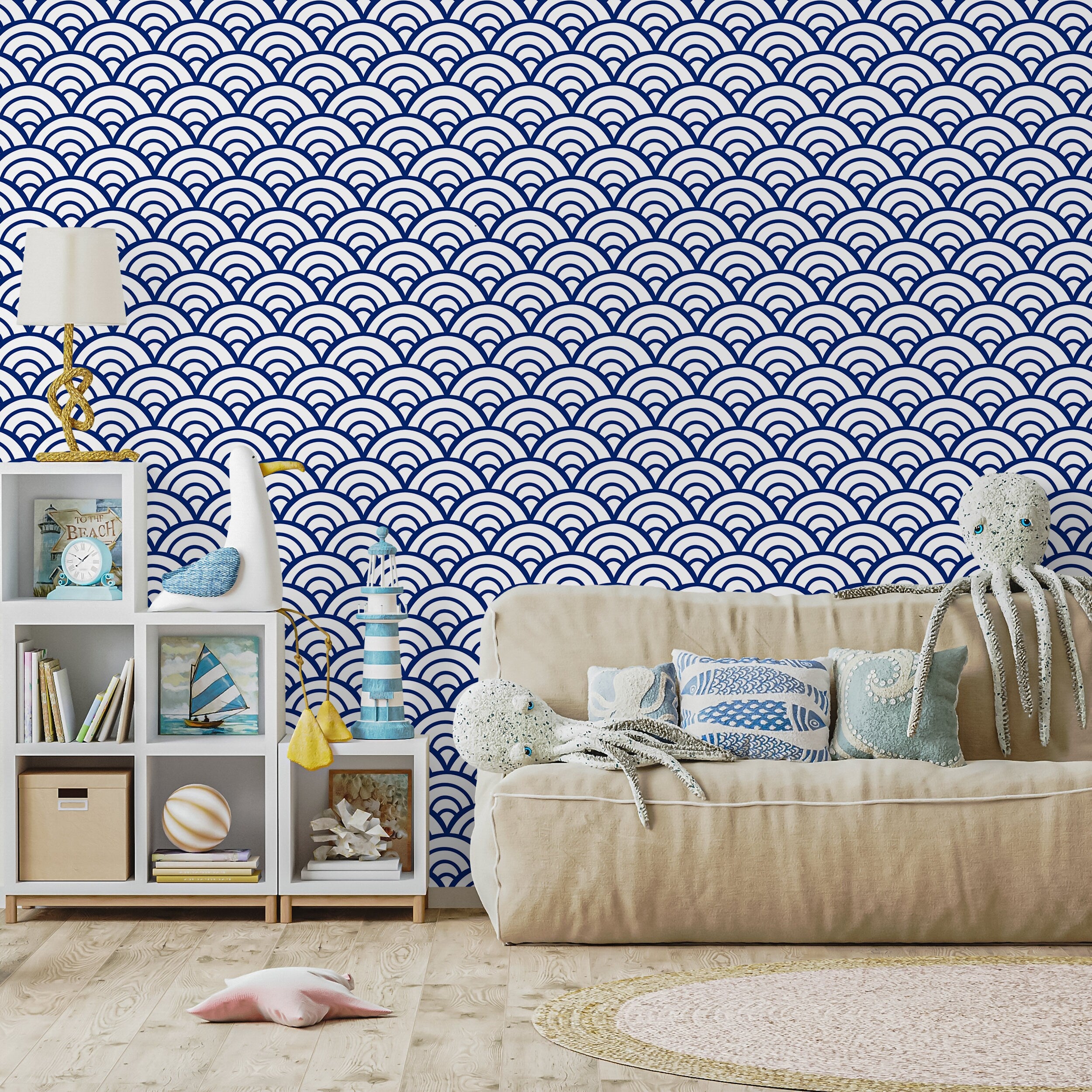 Geometric Wallpaper With A Japanese Wave Motif In Navy Blue And White - A566