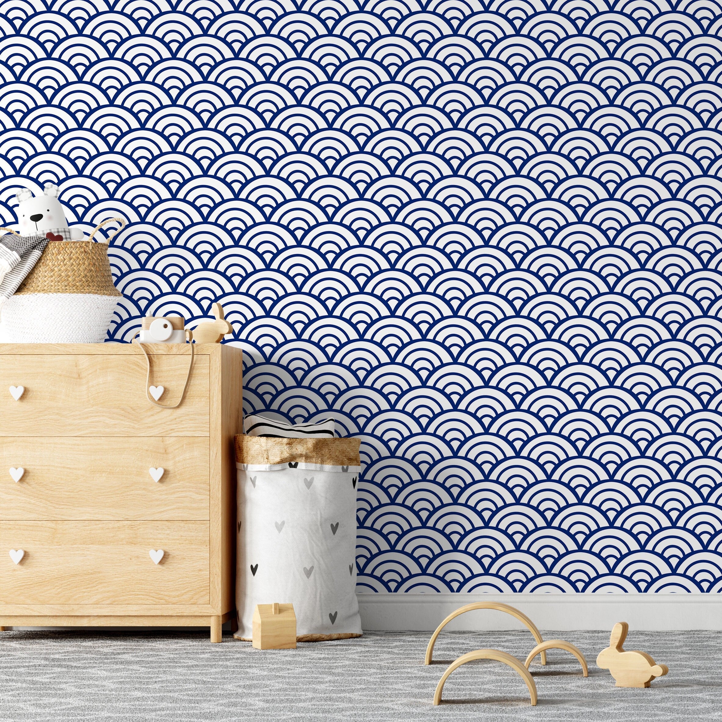 Geometric Wallpaper With A Japanese Wave Motif In Navy Blue And White - A566